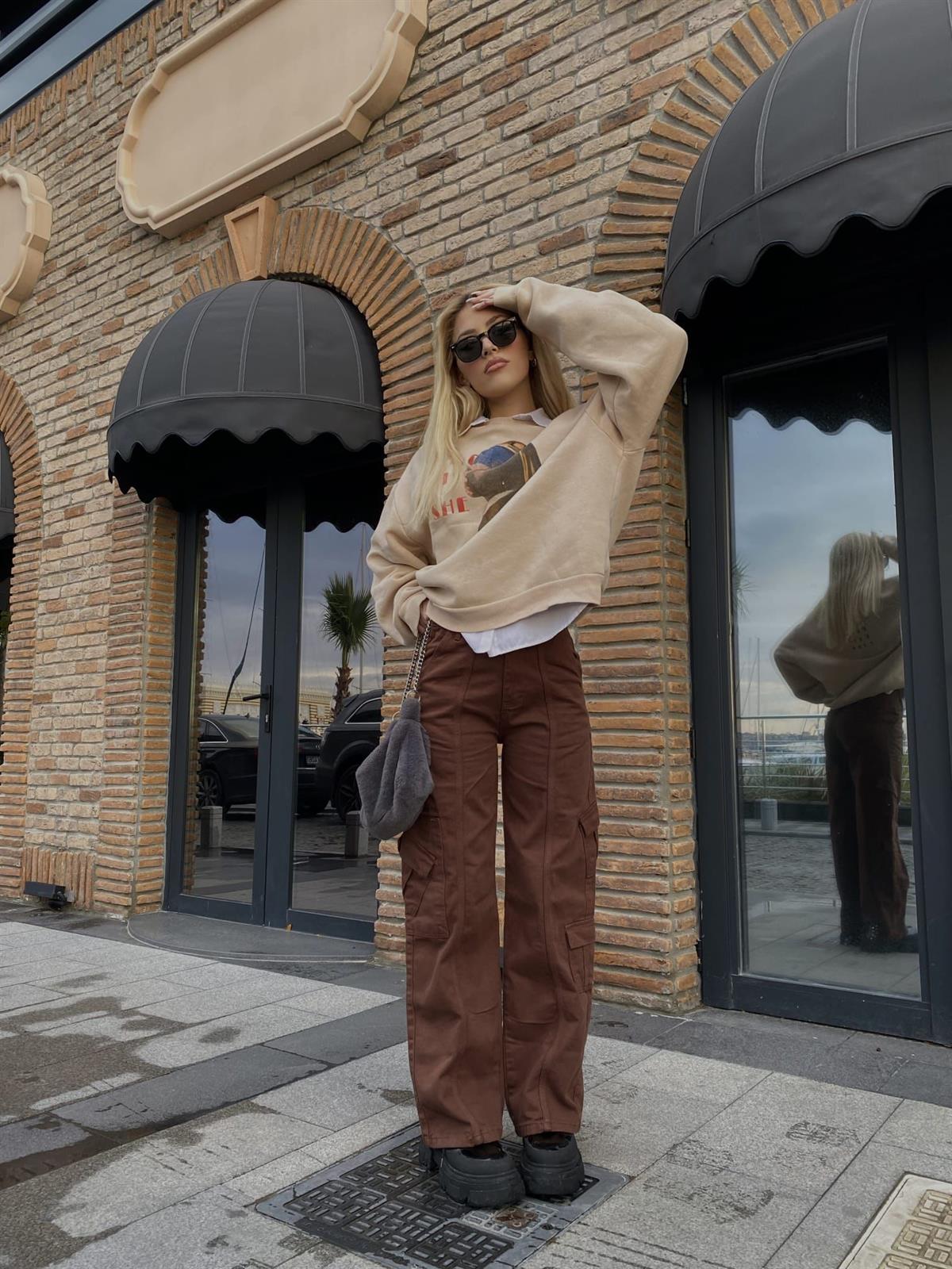 Y2k Unisex Kargo Cepli Bel Lastikli Koyu Yeşil Oversize Bol Paça Pantolon 