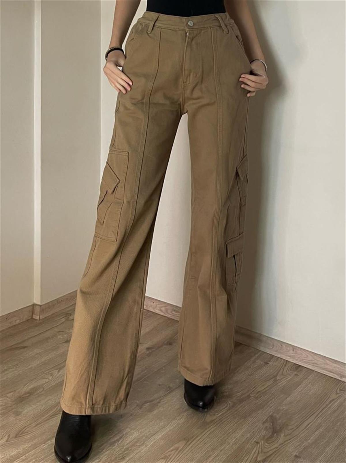 Y2k Unisex Kargo Cepli Bel Lastikli Koyu Yeşil Oversize Bol Paça Pantolon 