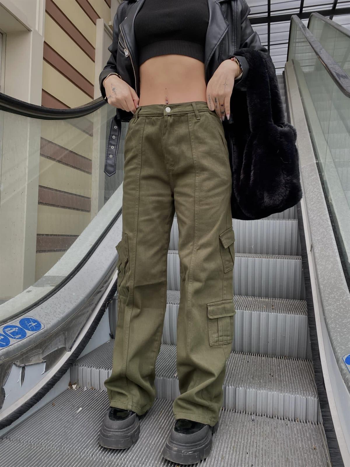 Y2k Unisex Kargo Cepli Bel Lastikli Koyu Yeşil Oversize Bol Paça Pantolon 