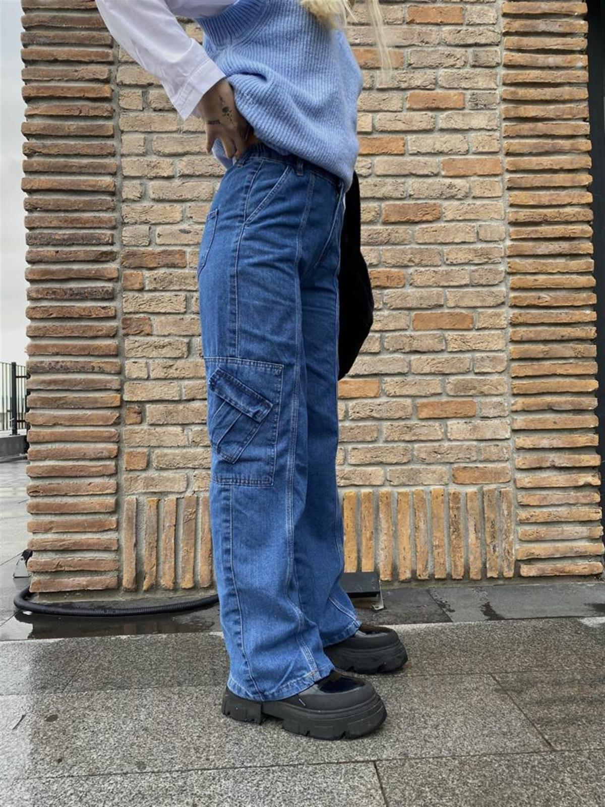 Y2k Unisex Kargo Cepli Bel Lastikli Koyu Yeşil Oversize Bol Paça Pantolon 