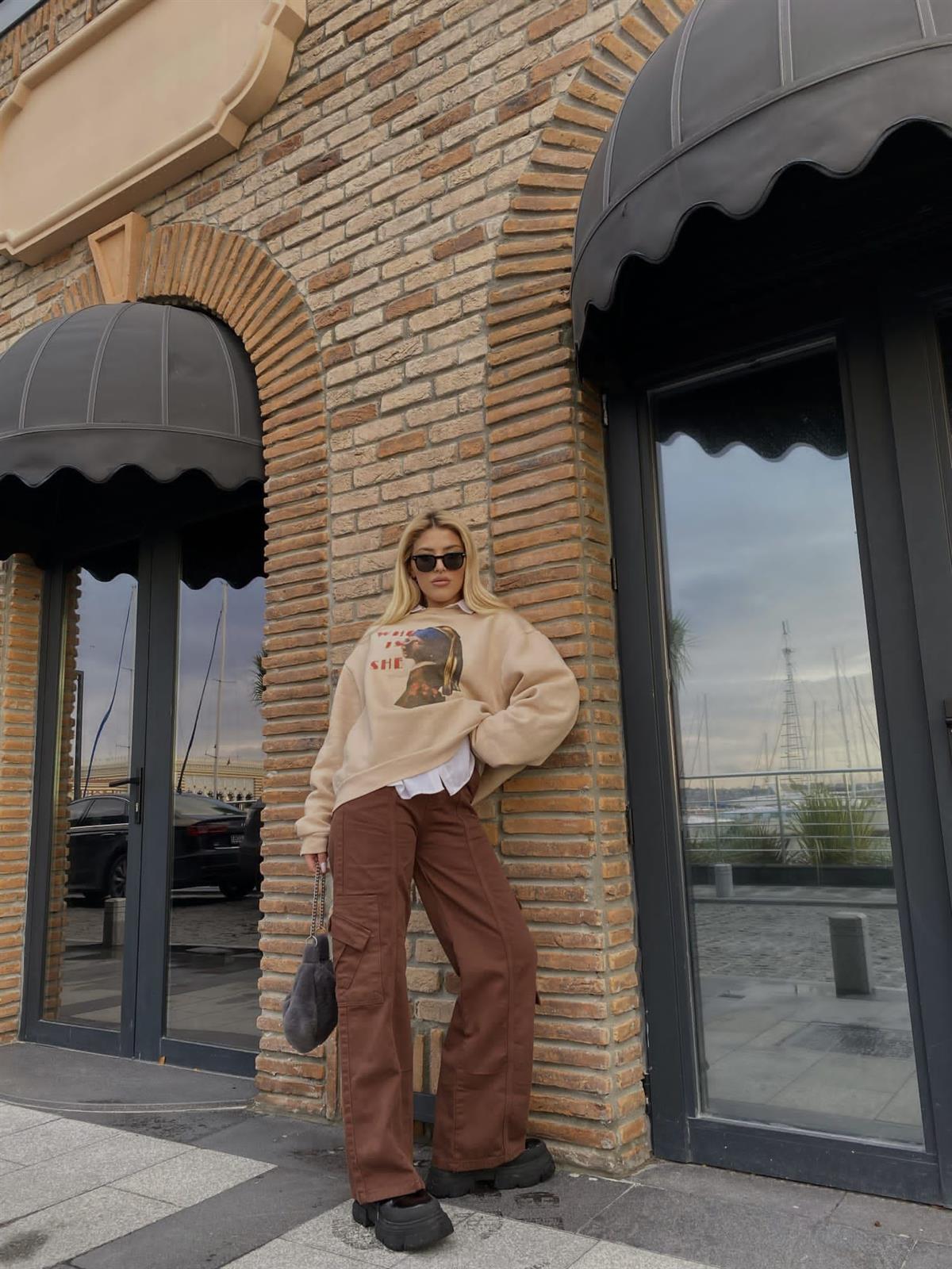 Y2k Unisex Kargo Cepli Bel Lastikli Koyu Yeşil Oversize Bol Paça Pantolon 