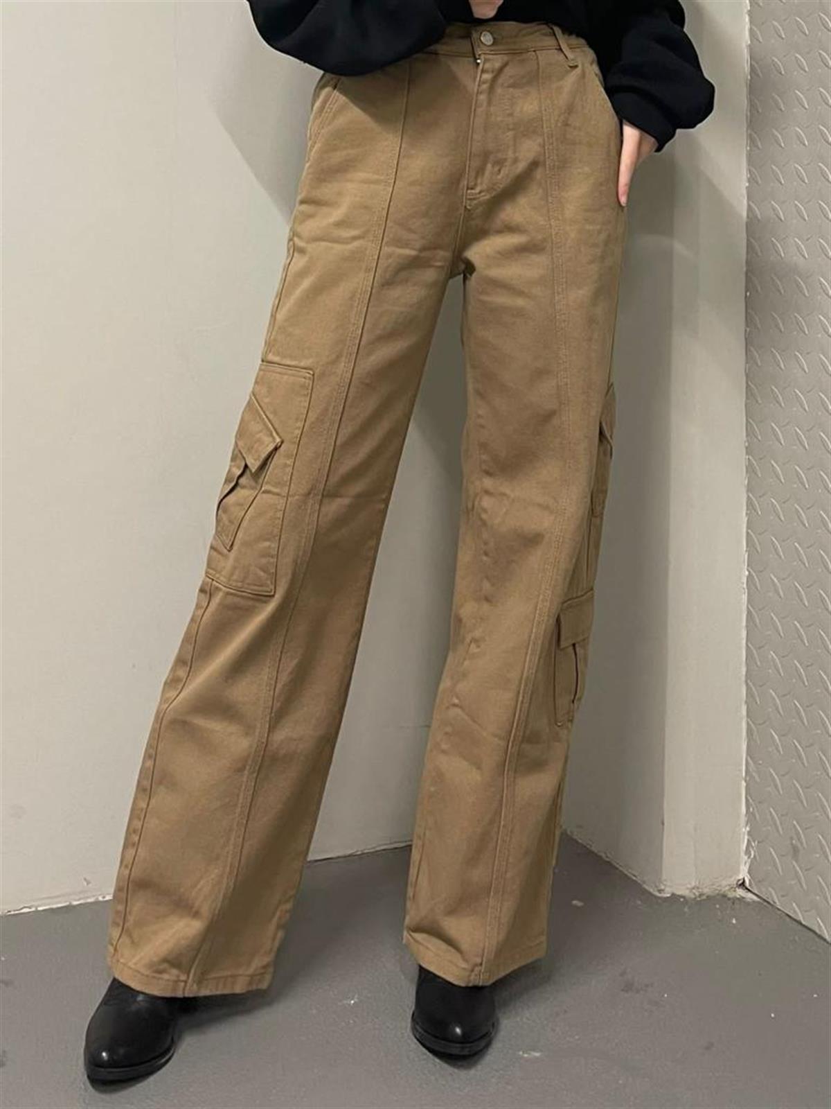 Y2k Unisex Kargo Cepli Bel Lastikli Koyu Yeşil Oversize Bol Paça Pantolon 