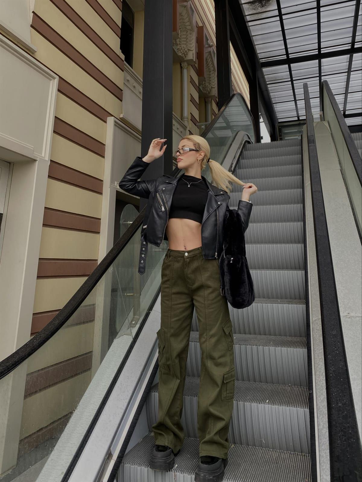 Y2k Unisex Kargo Cepli Bel Lastikli Koyu Yeşil Oversize Bol Paça Pantolon 