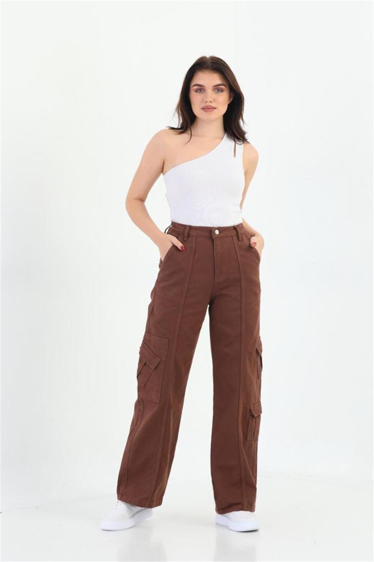 Y2k Unisex Kargo Cepli Bel Lastikli Koyu Yeşil Oversize Bol Paça Pantolon 