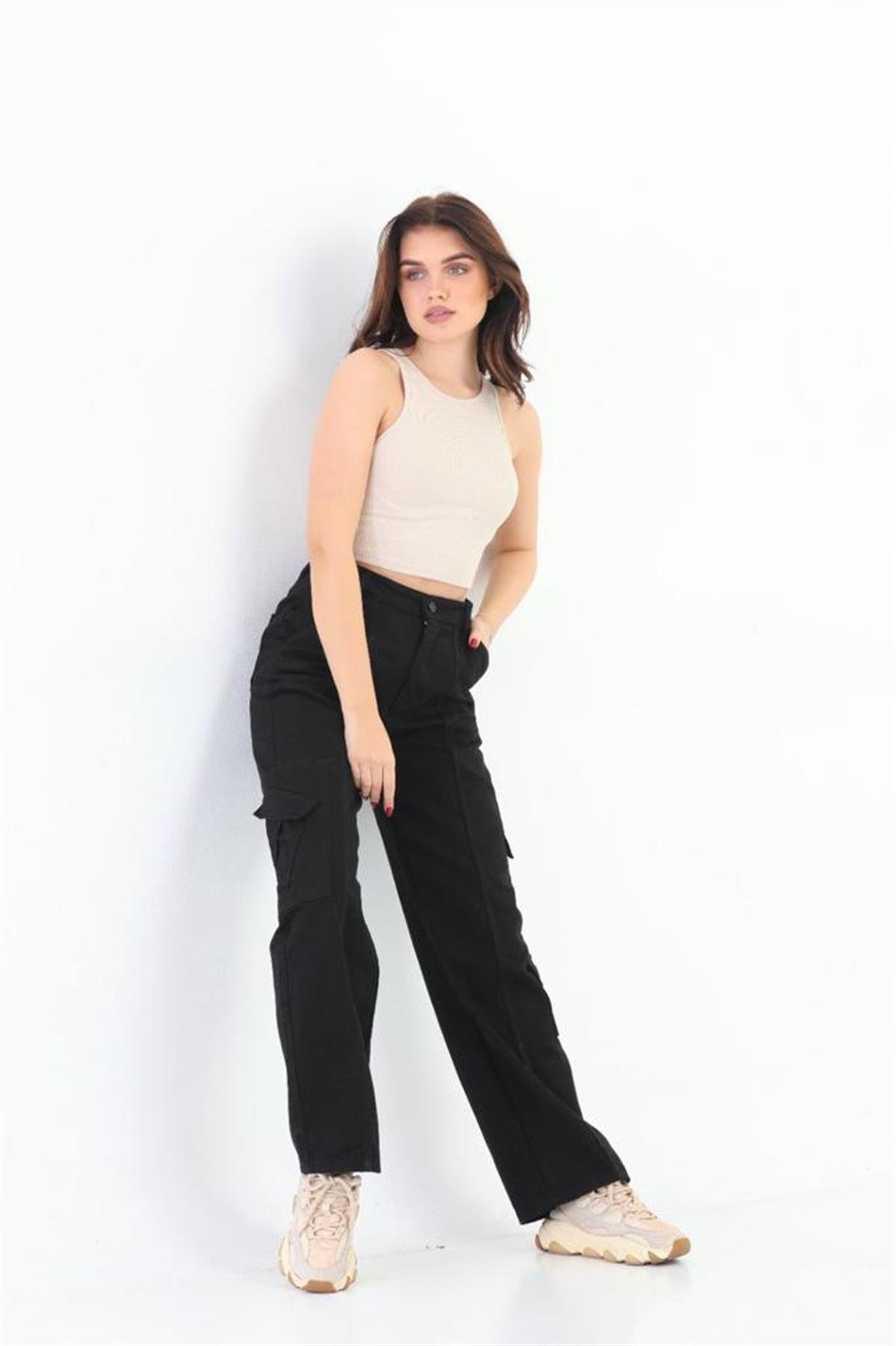 Y2k Unisex Kargo Cepli Bel Lastikli Koyu Yeşil Oversize Bol Paça Pantolon 
