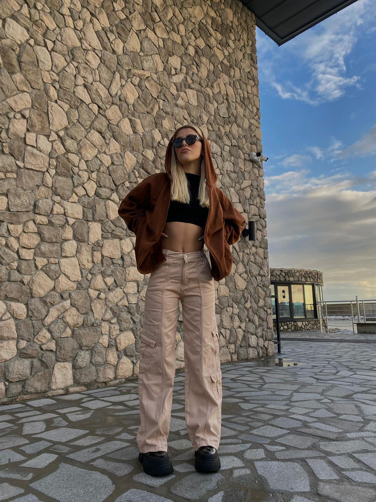 Y2k Unisex Kargo Cepli Bel Lastikli Koyu Yeşil Oversize Bol Paça Pantolon 