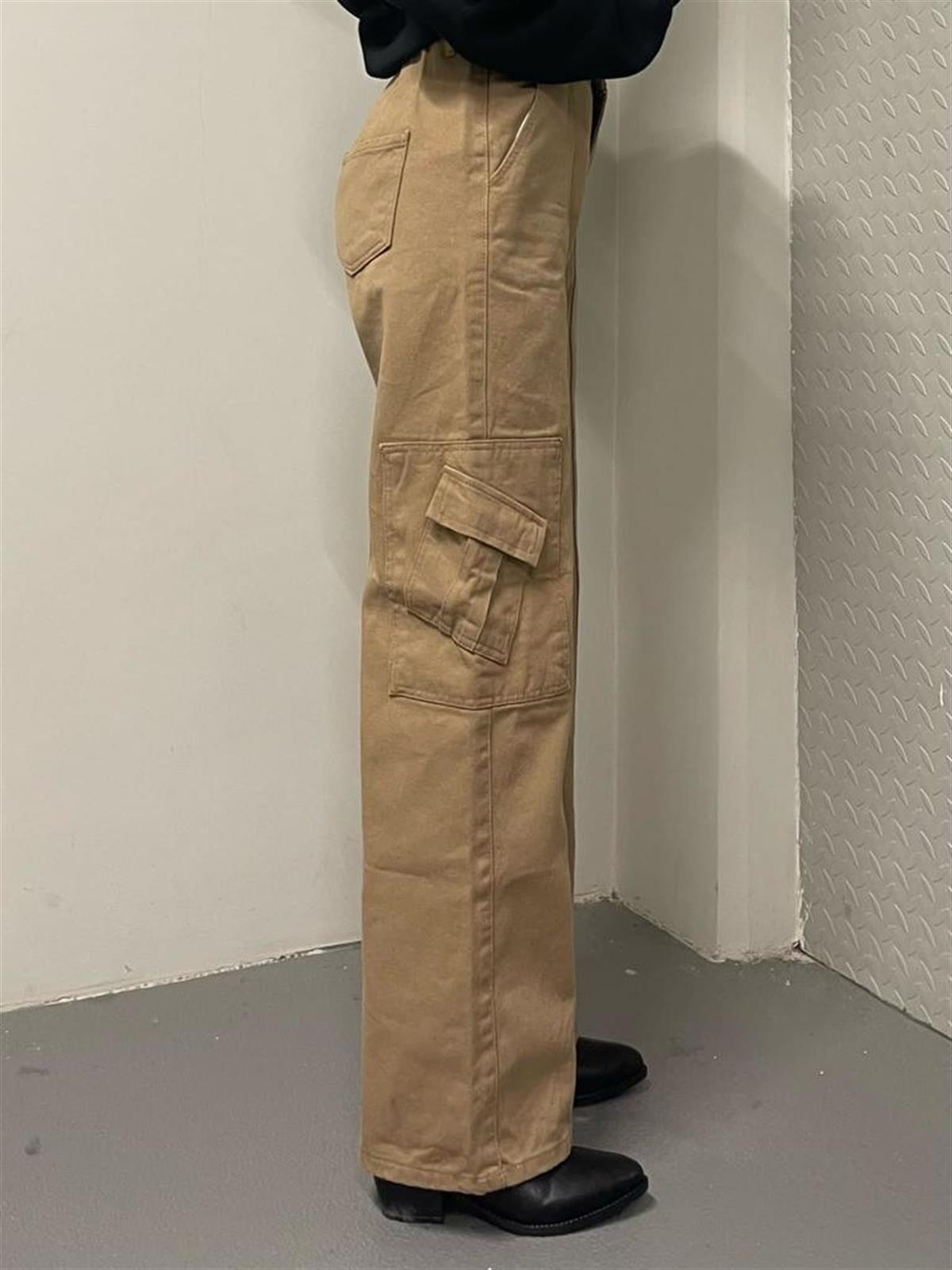 Y2k Unisex Kargo Cepli Bel Lastikli Koyu Yeşil Oversize Bol Paça Pantolon 