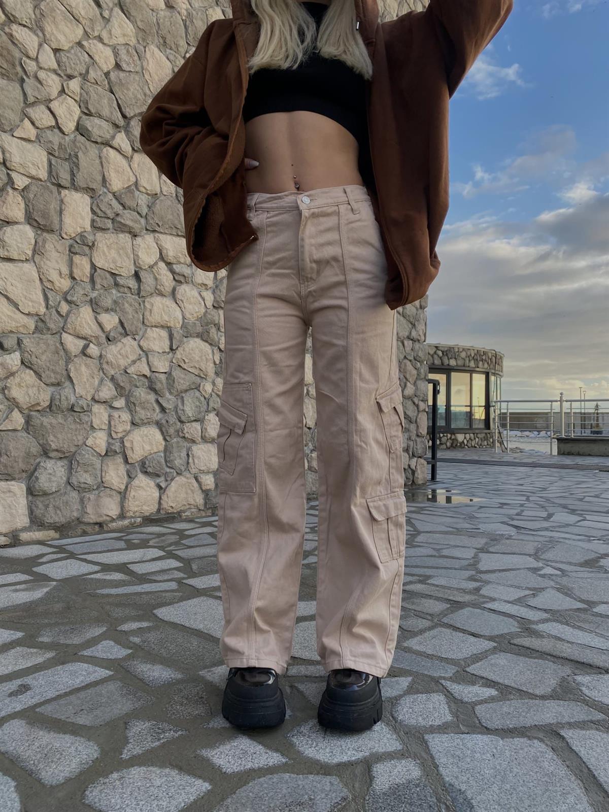 Y2k Unisex Kargo Cepli Bel Lastikli Koyu Yeşil Oversize Bol Paça Pantolon 