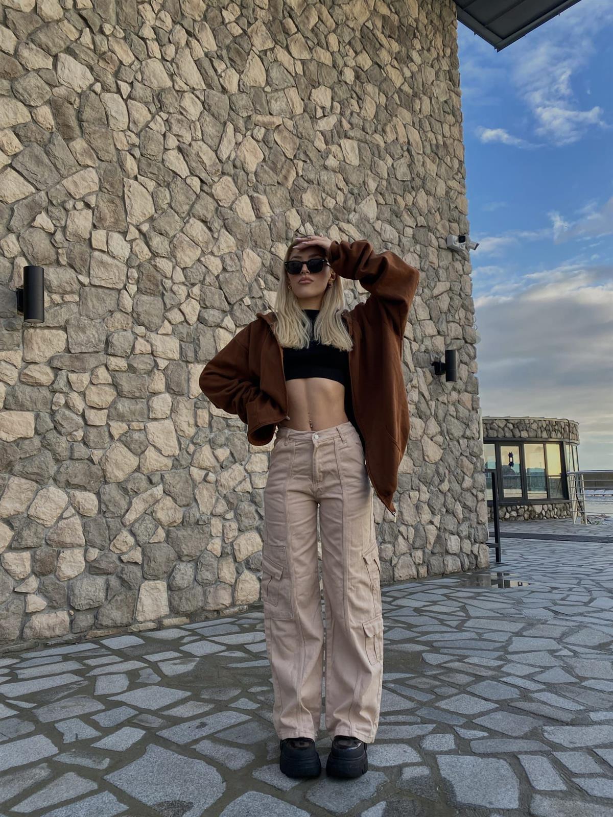 Y2k Unisex Kargo Cepli Bel Lastikli Koyu Yeşil Oversize Bol Paça Pantolon 