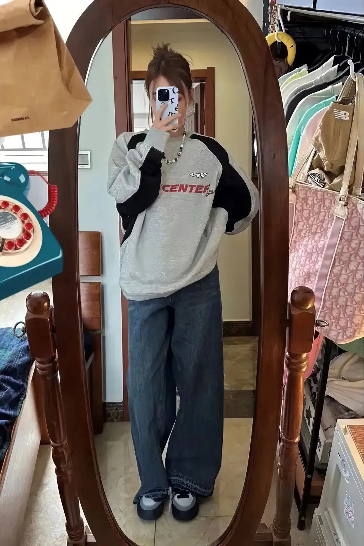 Y2k Vintage Gri Kol Detay F426 Center Şardonlu Sweatshirt