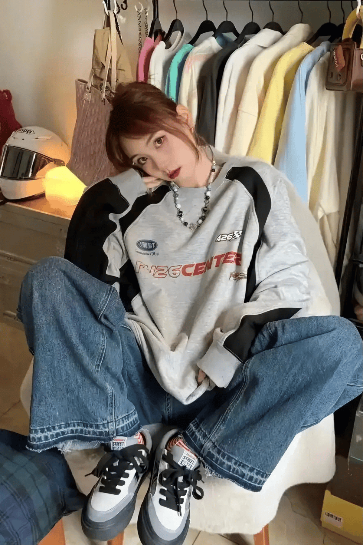 Y2k Vintage Gri Kol Detay F426 Center Şardonlu Sweatshirt