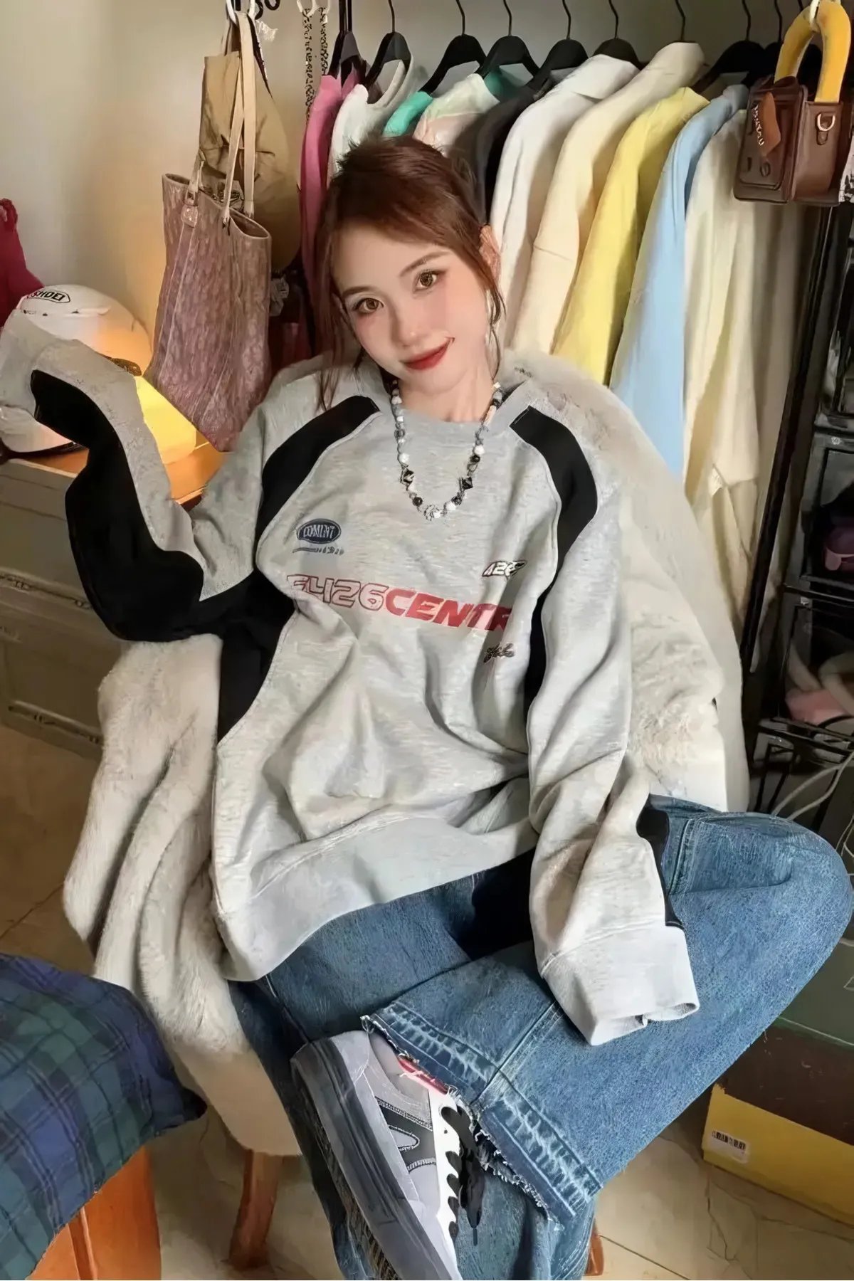 Y2k Vintage Gri Kol Detay F426 Center Şardonlu Sweatshirt