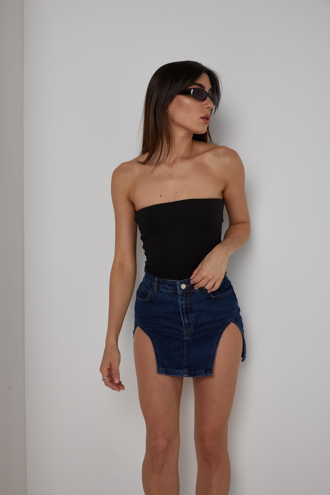 Çift Yırtmaç Mini Denim Etek 