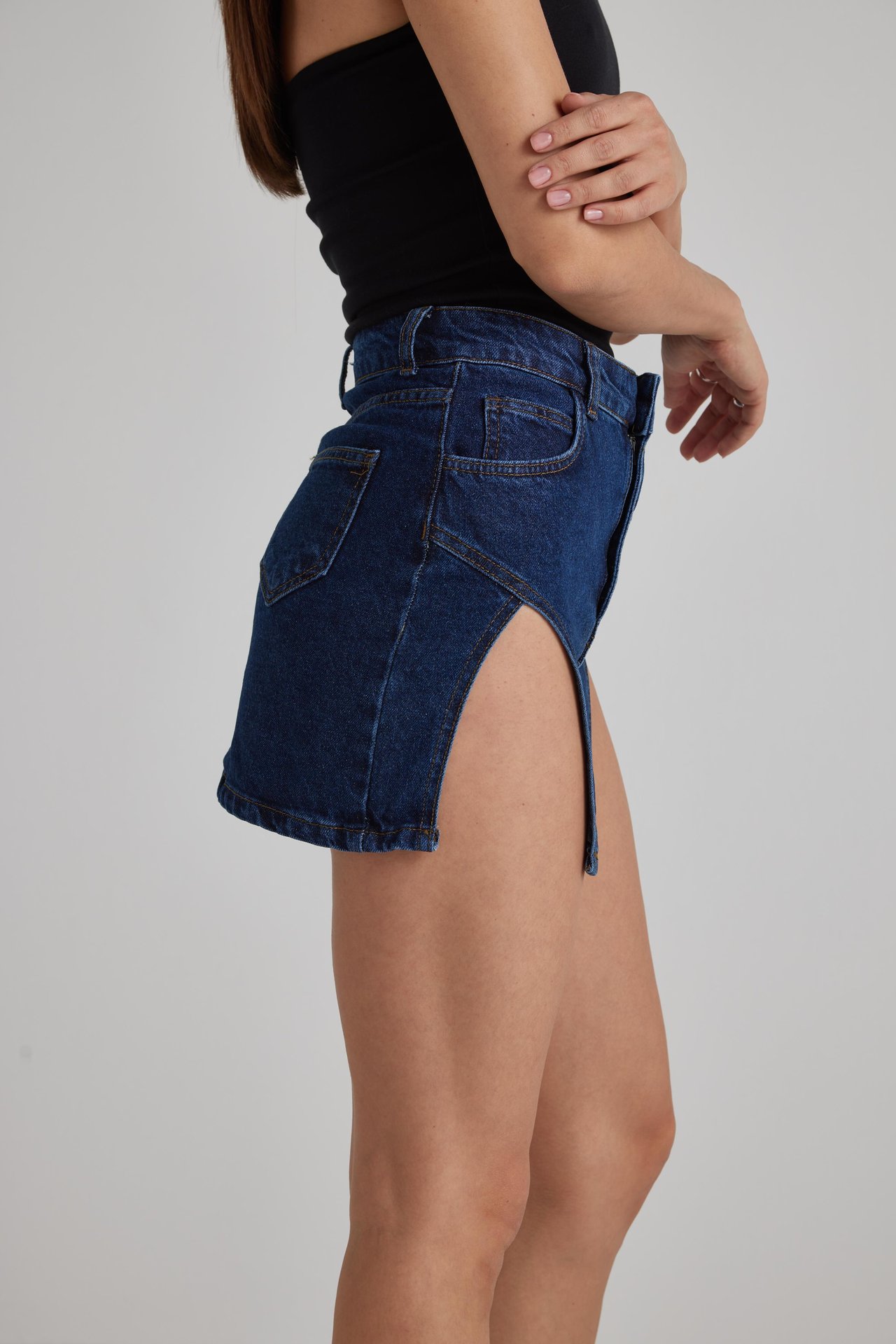 Çift Yırtmaç Mini Denim Etek 