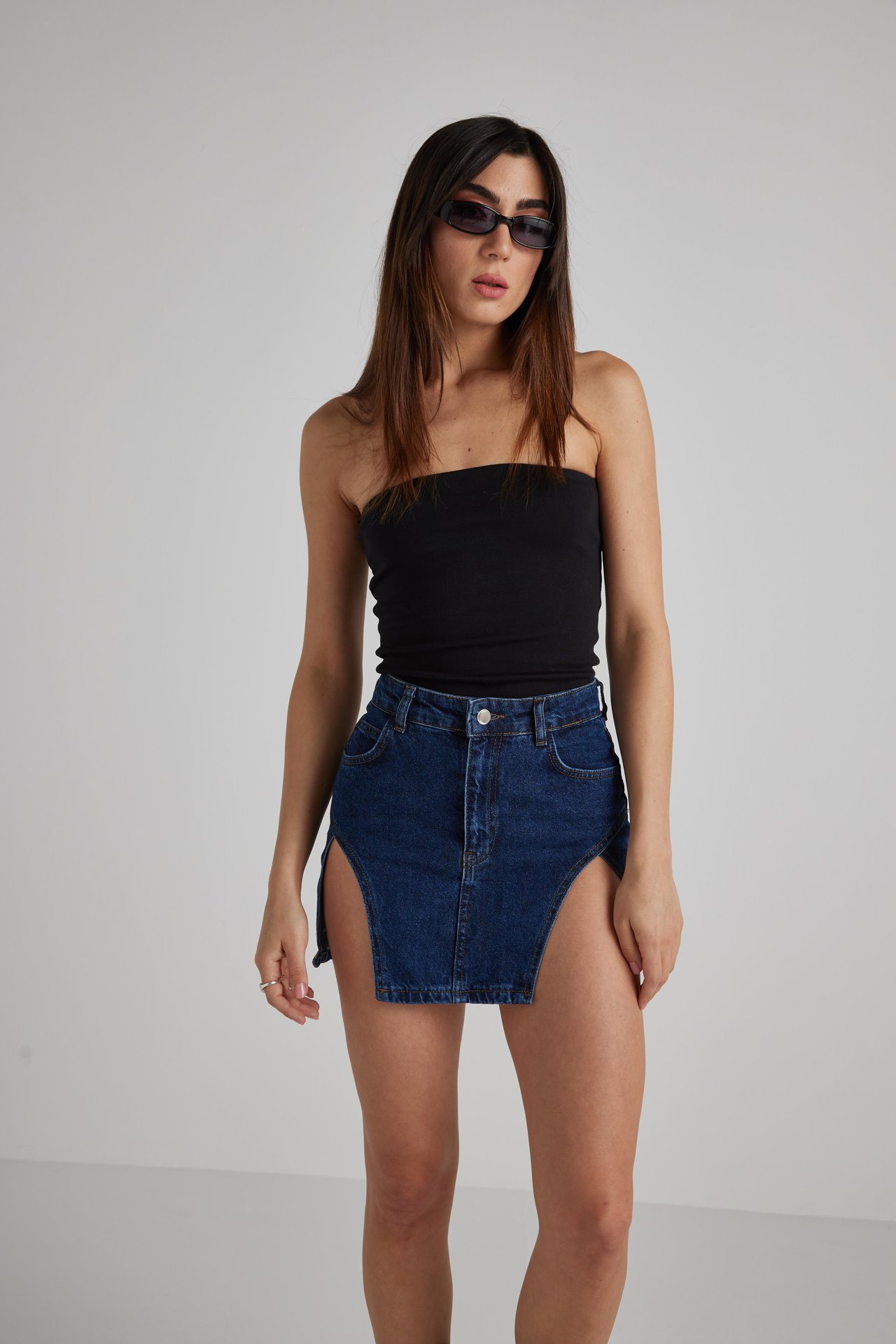 Çift Yırtmaç Mini Denim Etek 