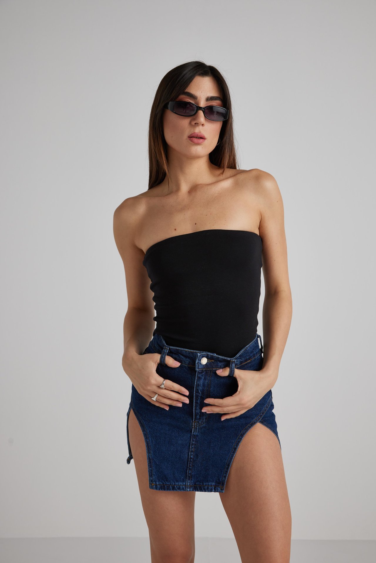Çift Yırtmaç Mini Denim Etek 