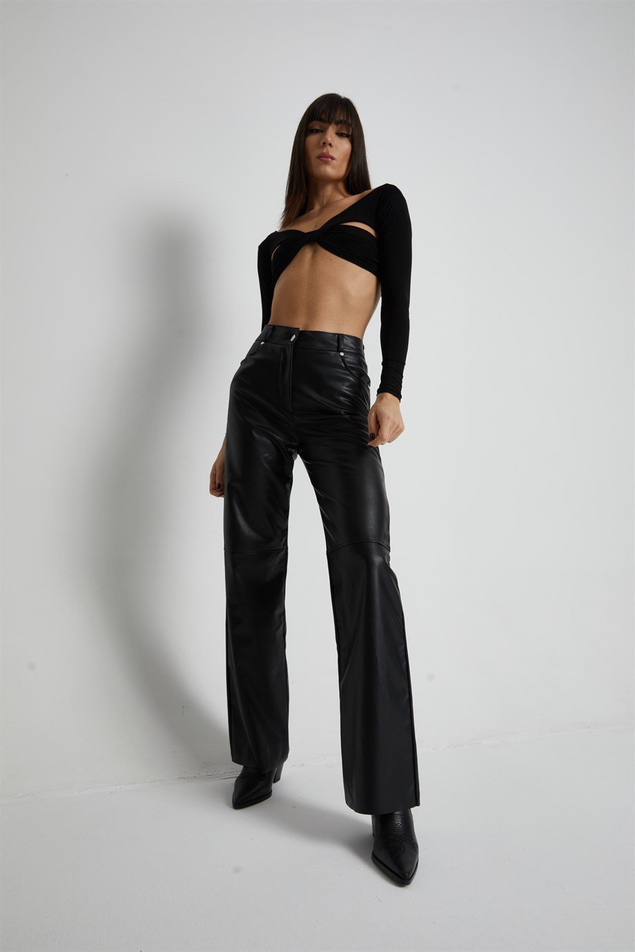 Dikiş Detaylı Straight Deri Pantolon 