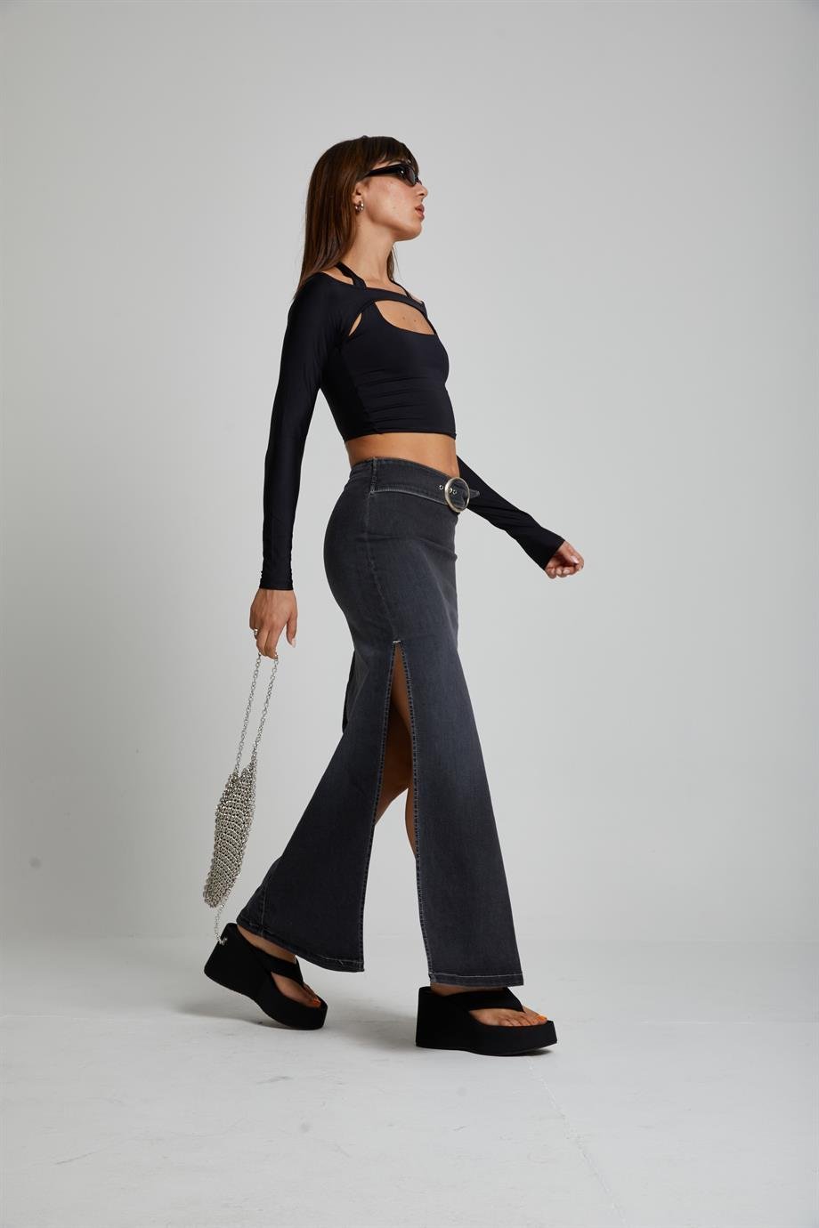 Kemerli Maxi Denim Etek