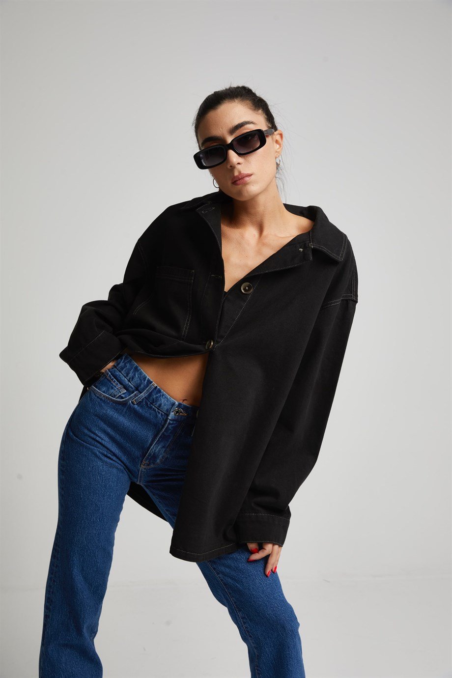 Kontrast Dikişli Oversize Gömlek 