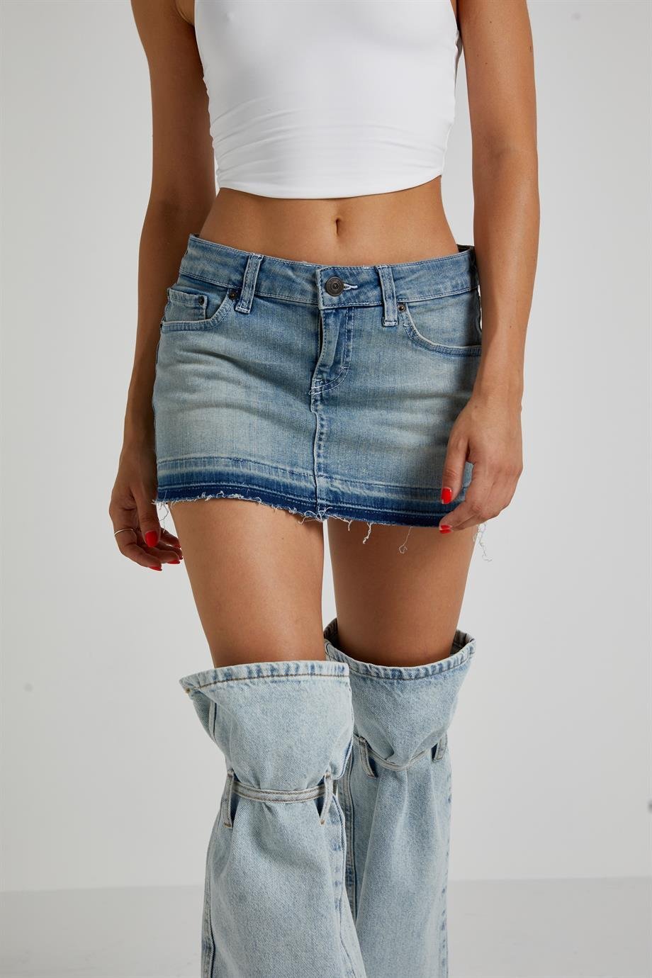 Mavi Düşük Bel Denim Etek