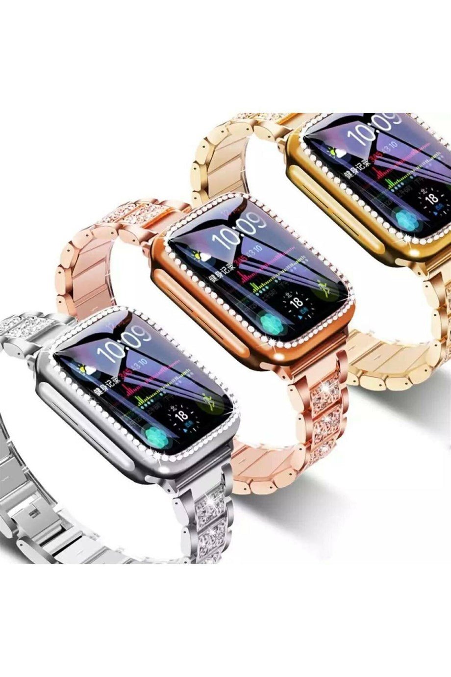 Apple Watch Diamond Seri Taşlı Çelik Kordon Seti 44mm
