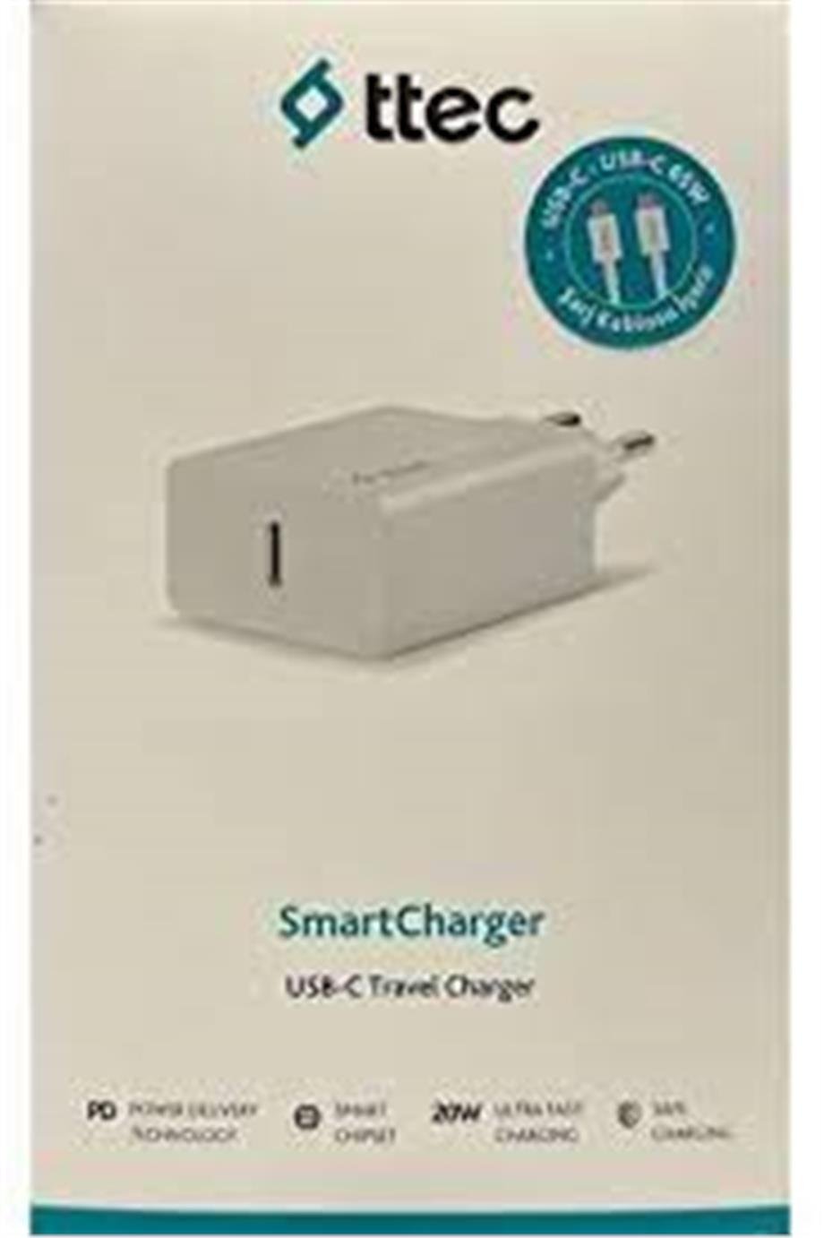 Ttec SmartCharger PD 20W Seyahat Hızlı Şarj Aleti+USB-C - USB-C 3A Kablo Beyaz