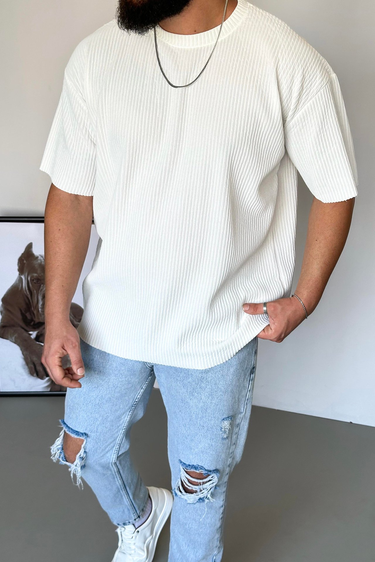 Lazer kesim fitilli oversize beyaz t-shirt