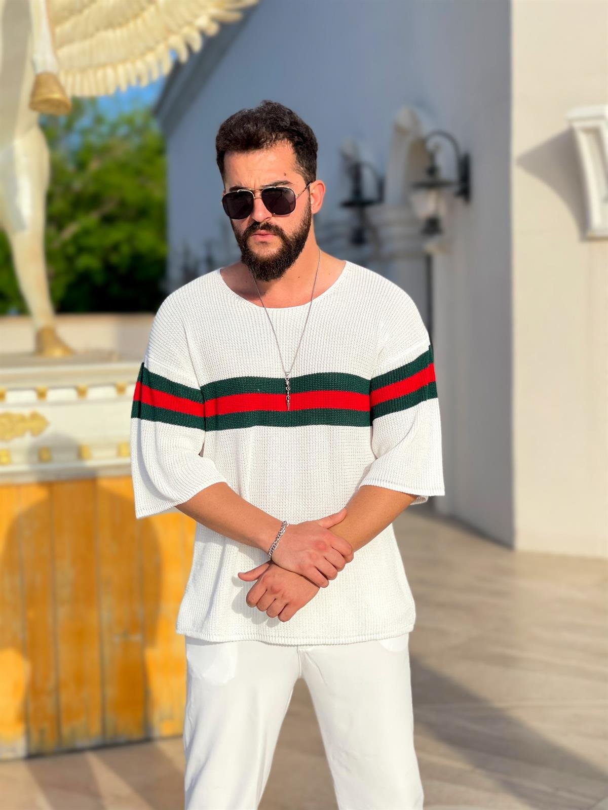 Şerit Detaylı Oversize Örme Tişört