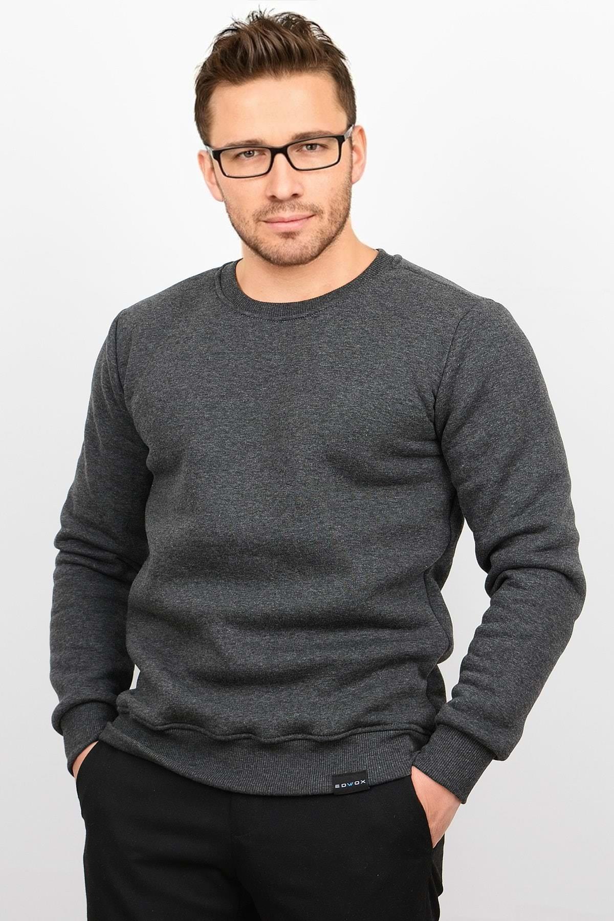 Üç Iplik Şardonlu Pamuklu Bisiklet Yaka Sweatshirt Antrasit CZN01