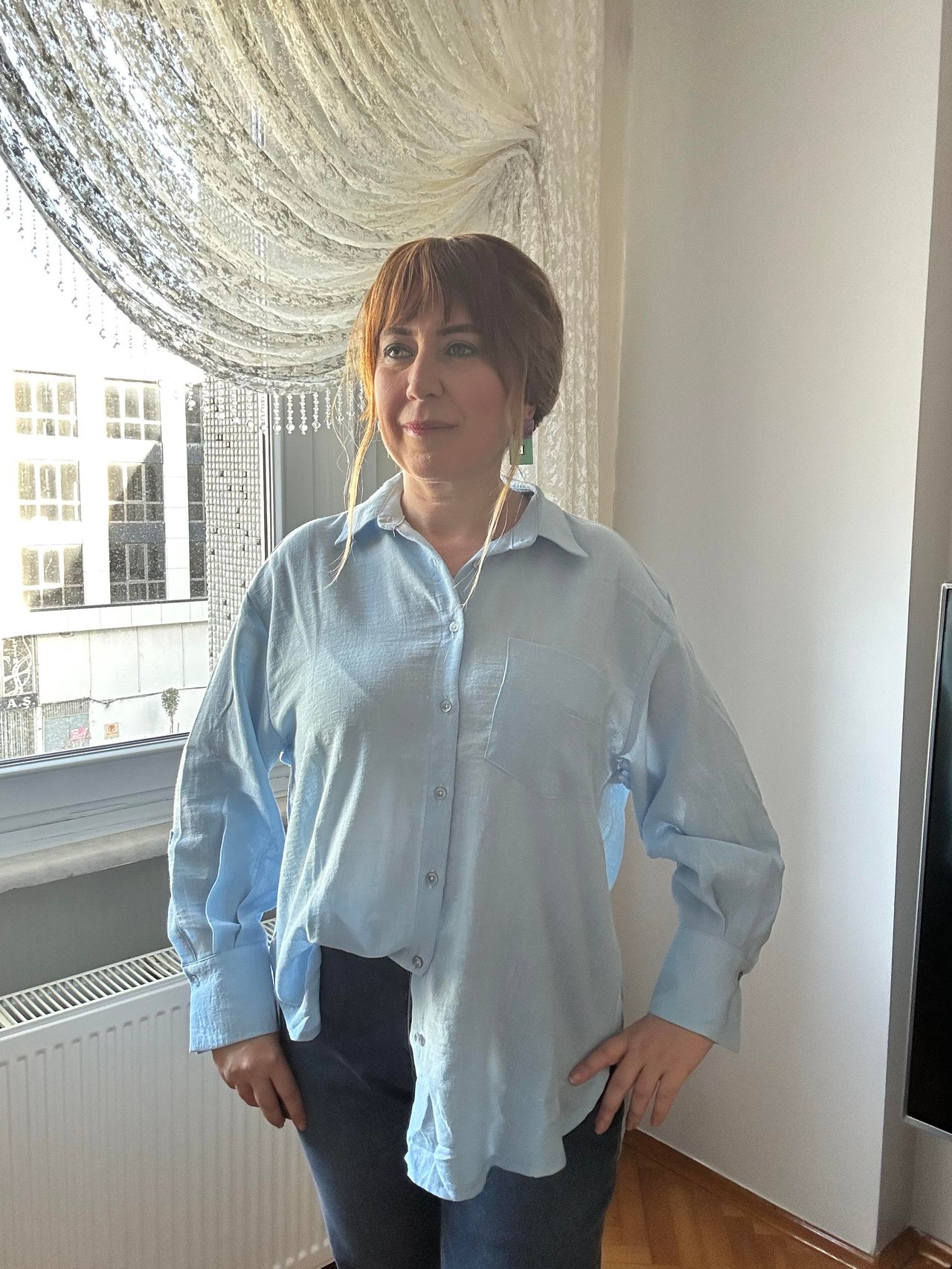 Bebe mavisi pamuk oversize gömlek