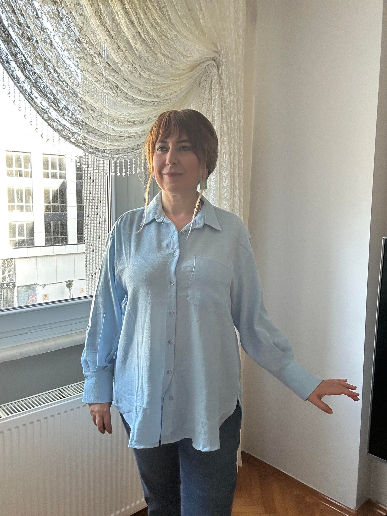 Bebe mavisi pamuk oversize gömlek