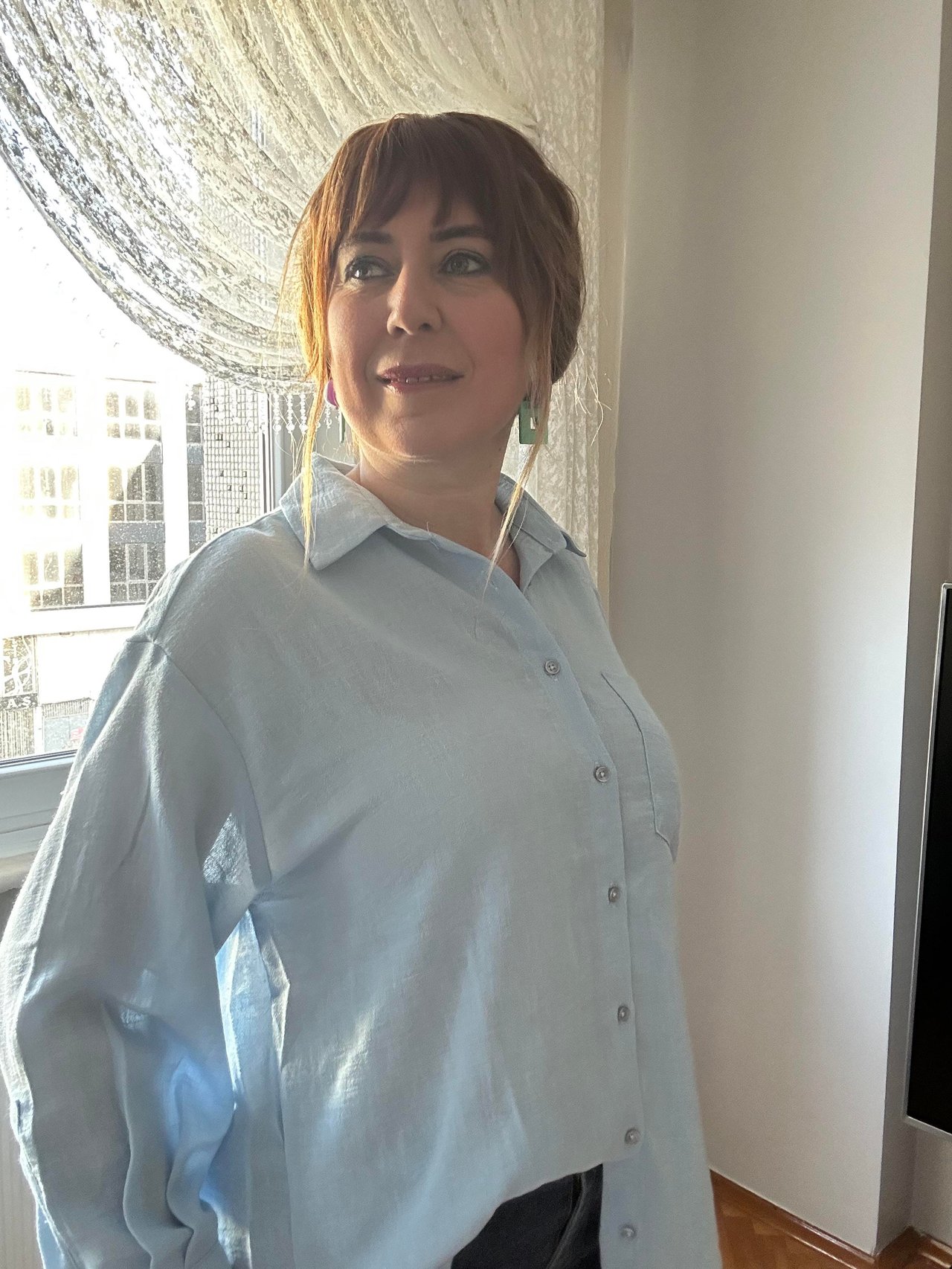 Bebe mavisi pamuk oversize gömlek