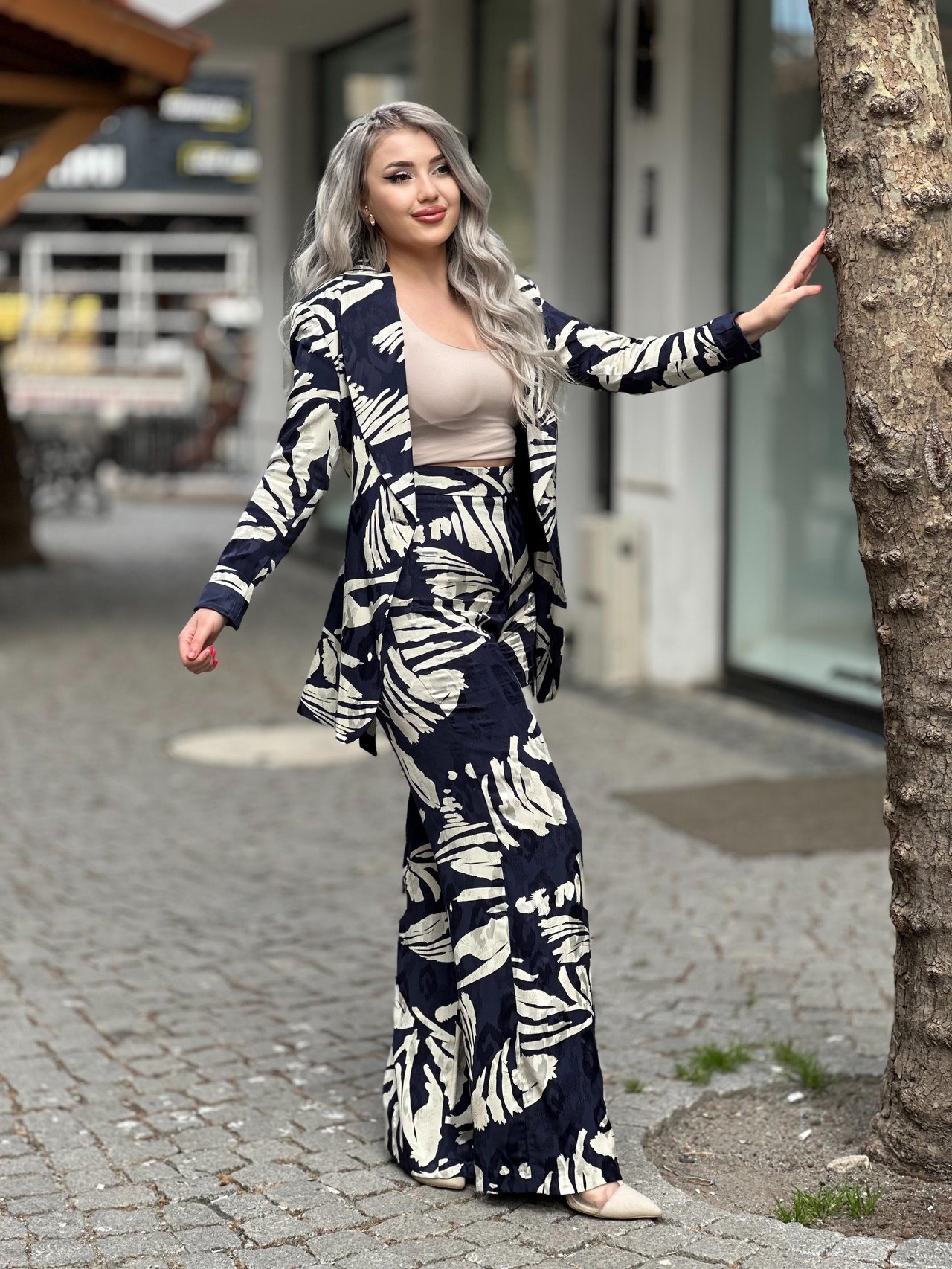 Lacivert Jakarlı Saten Takım