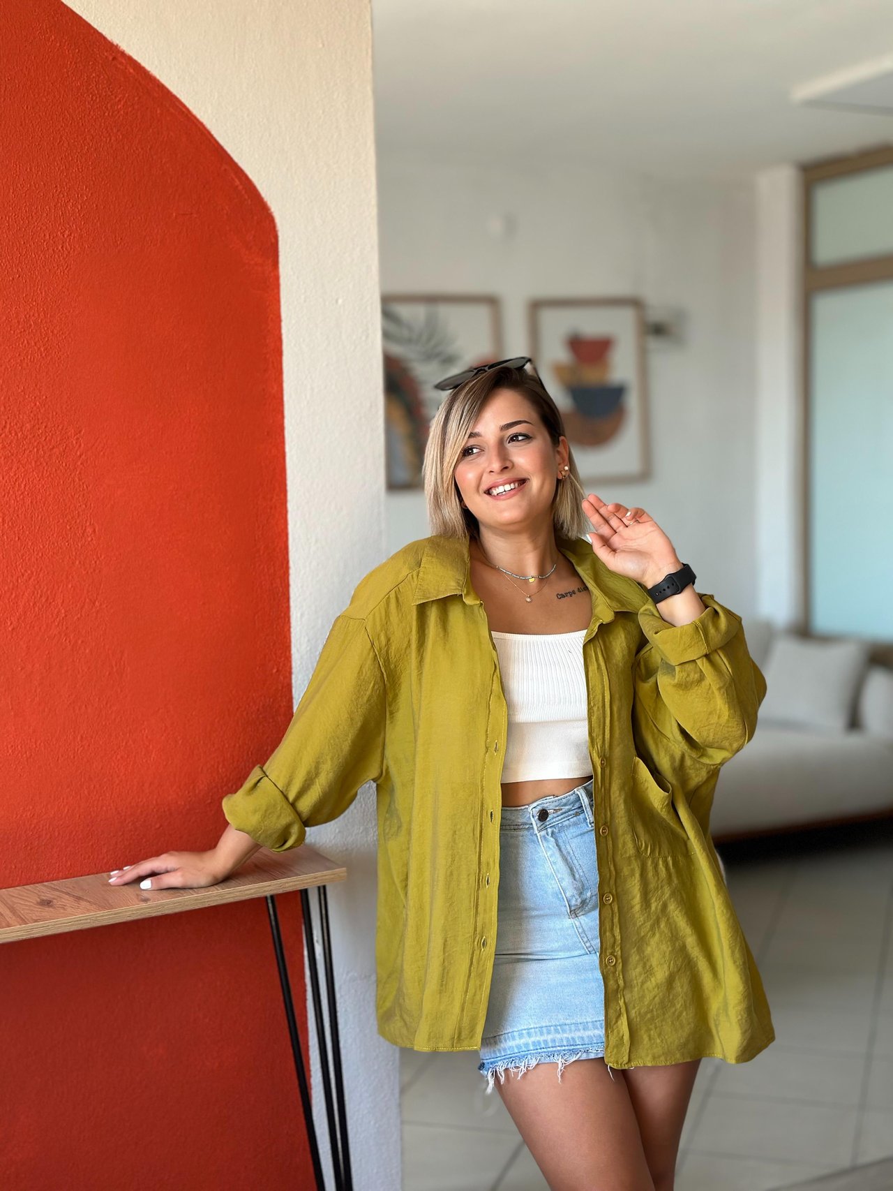 Yağ Yeşili Oversize Gömlek