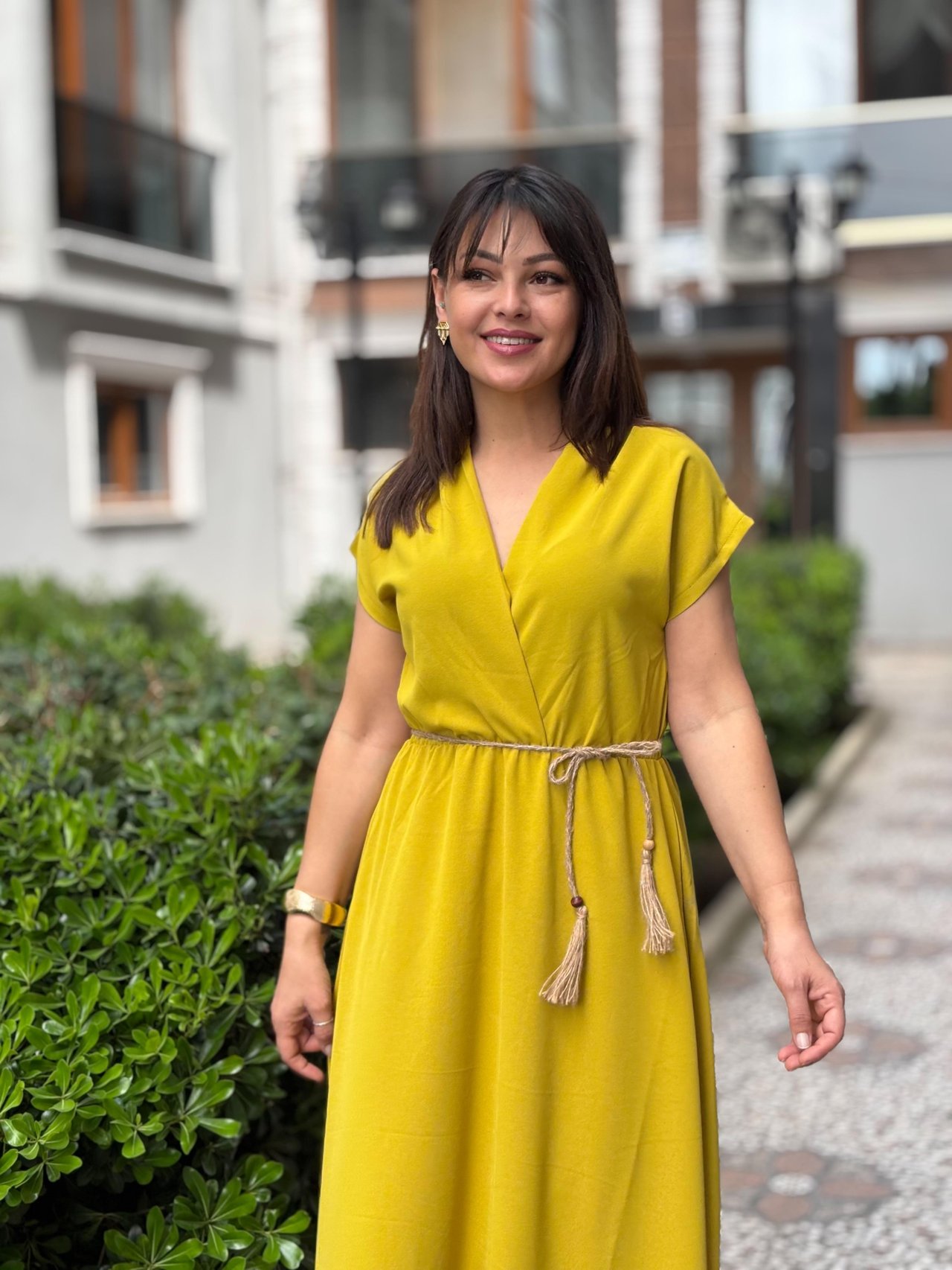 Yağyeşili Kruvaze Elbise 