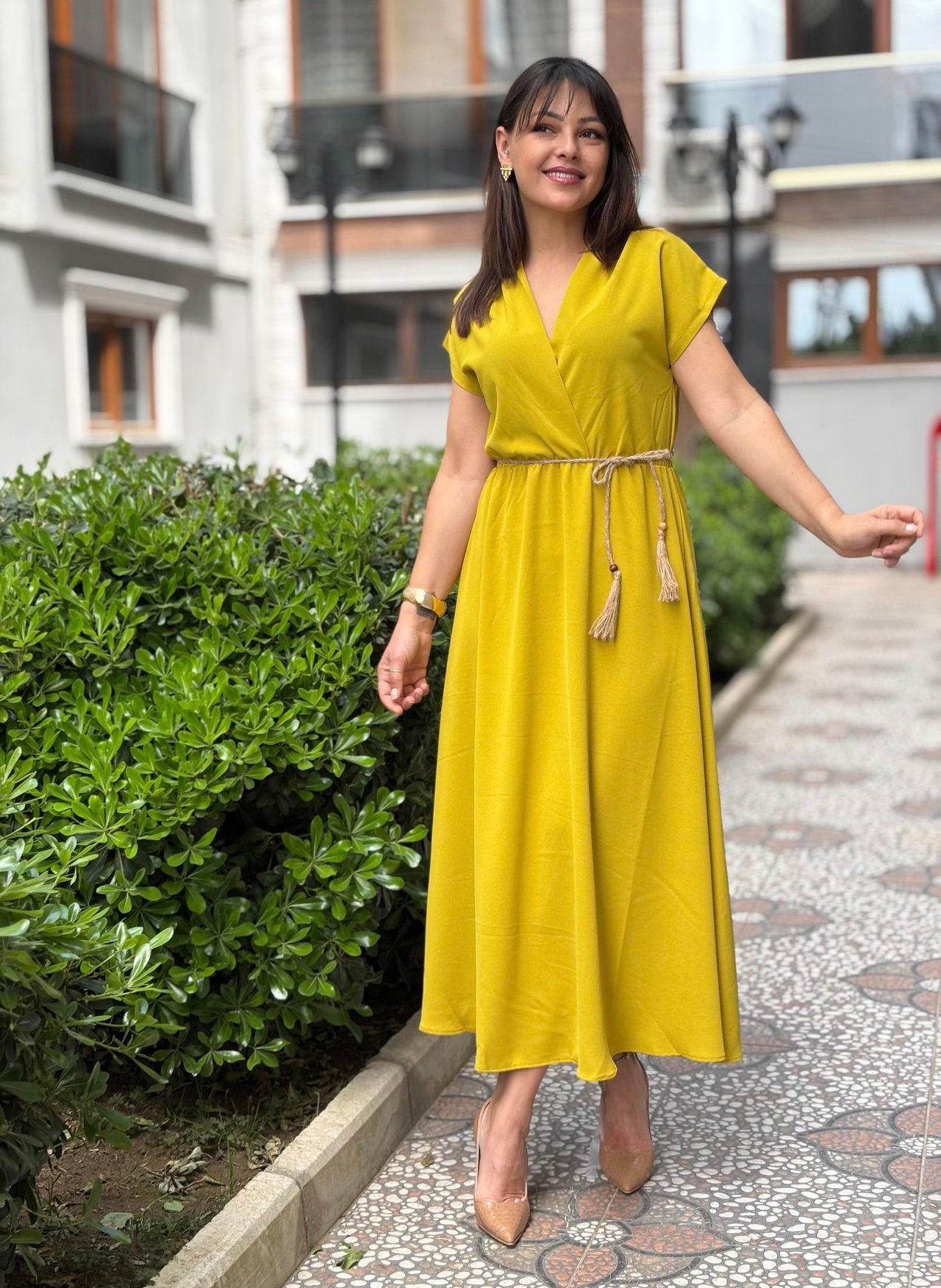 Yağyeşili Kruvaze Elbise 