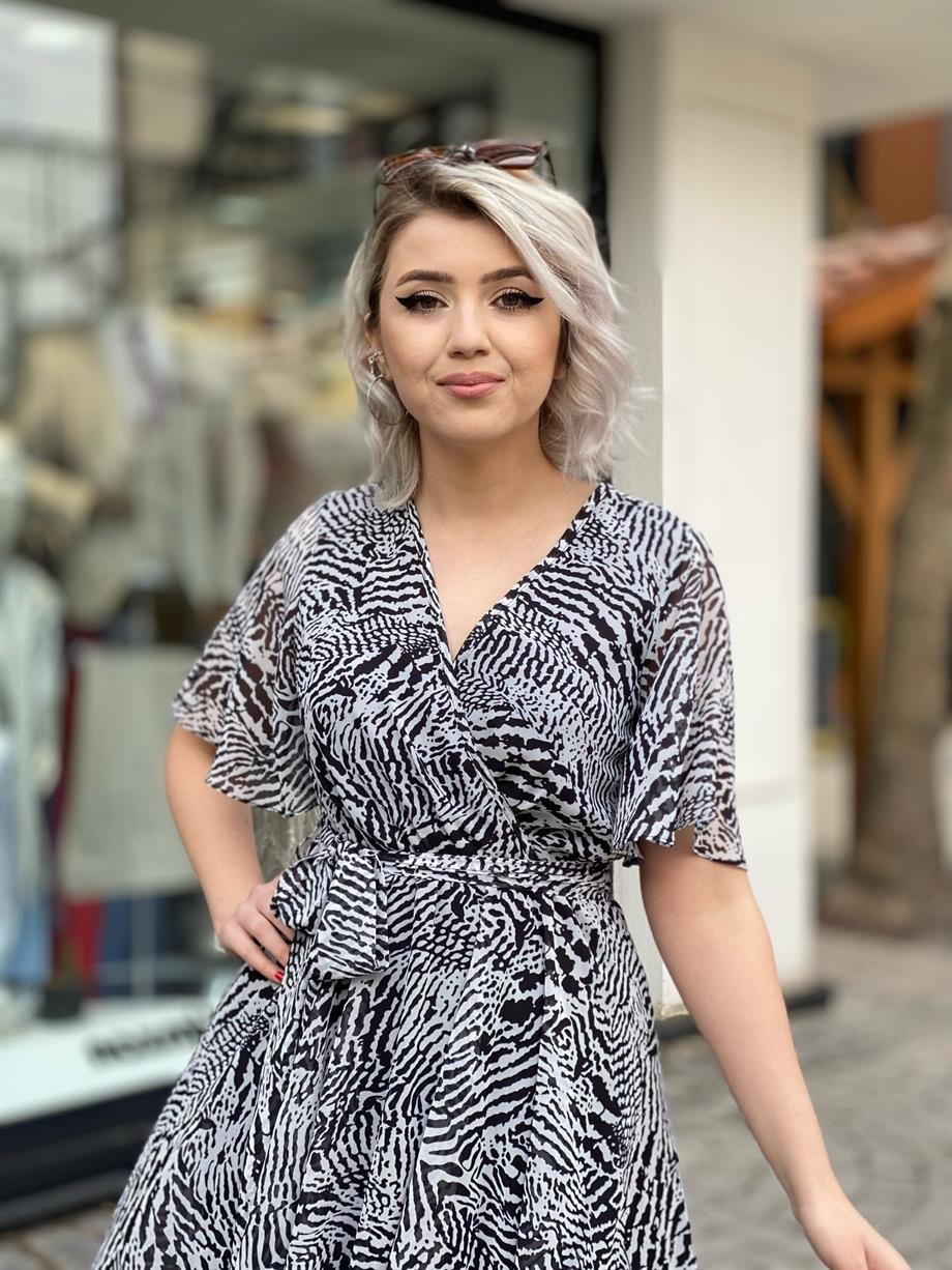 Zebra Desenli Şifon Elbise