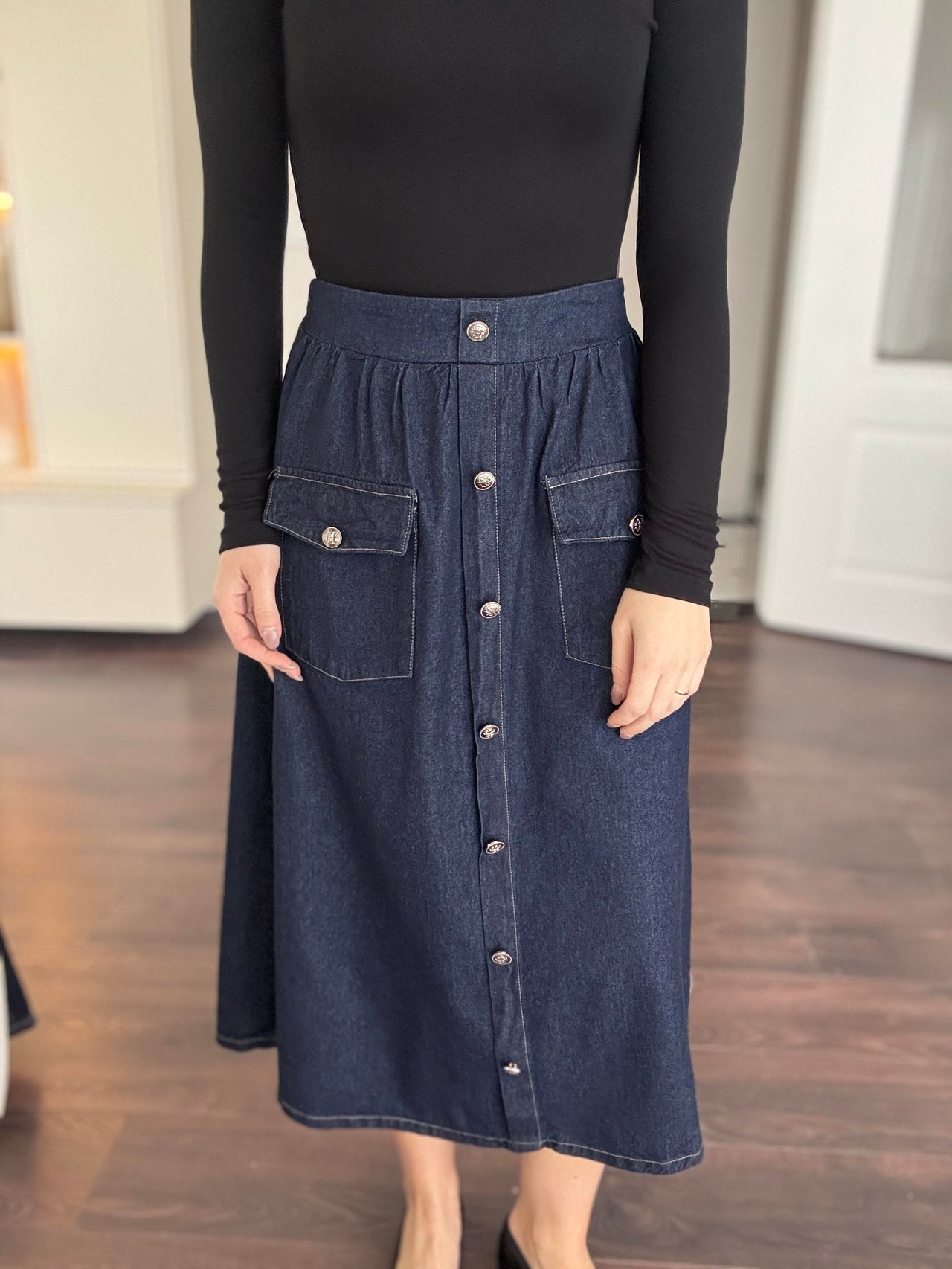 Beli Lastikli Midi Denim Etek