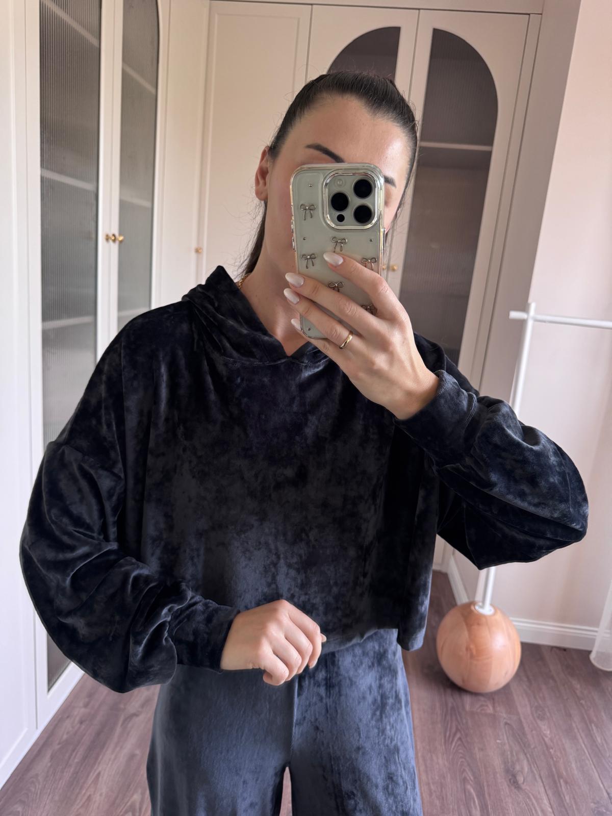 Kapüşonlu Antrasit Kadife Sweatshirt