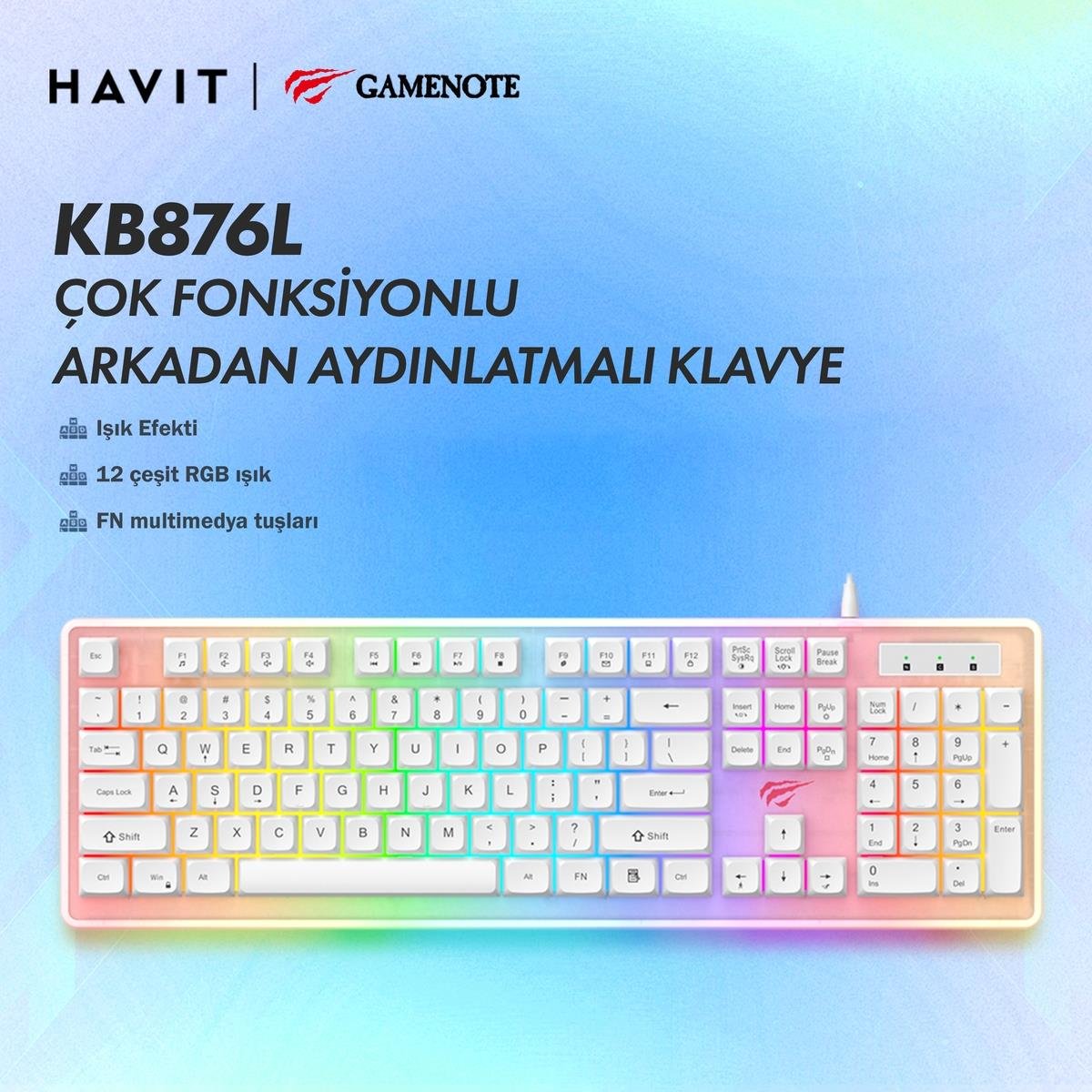 Havit Gamenote KB876L RGB Gaming Klavye - Beyaz