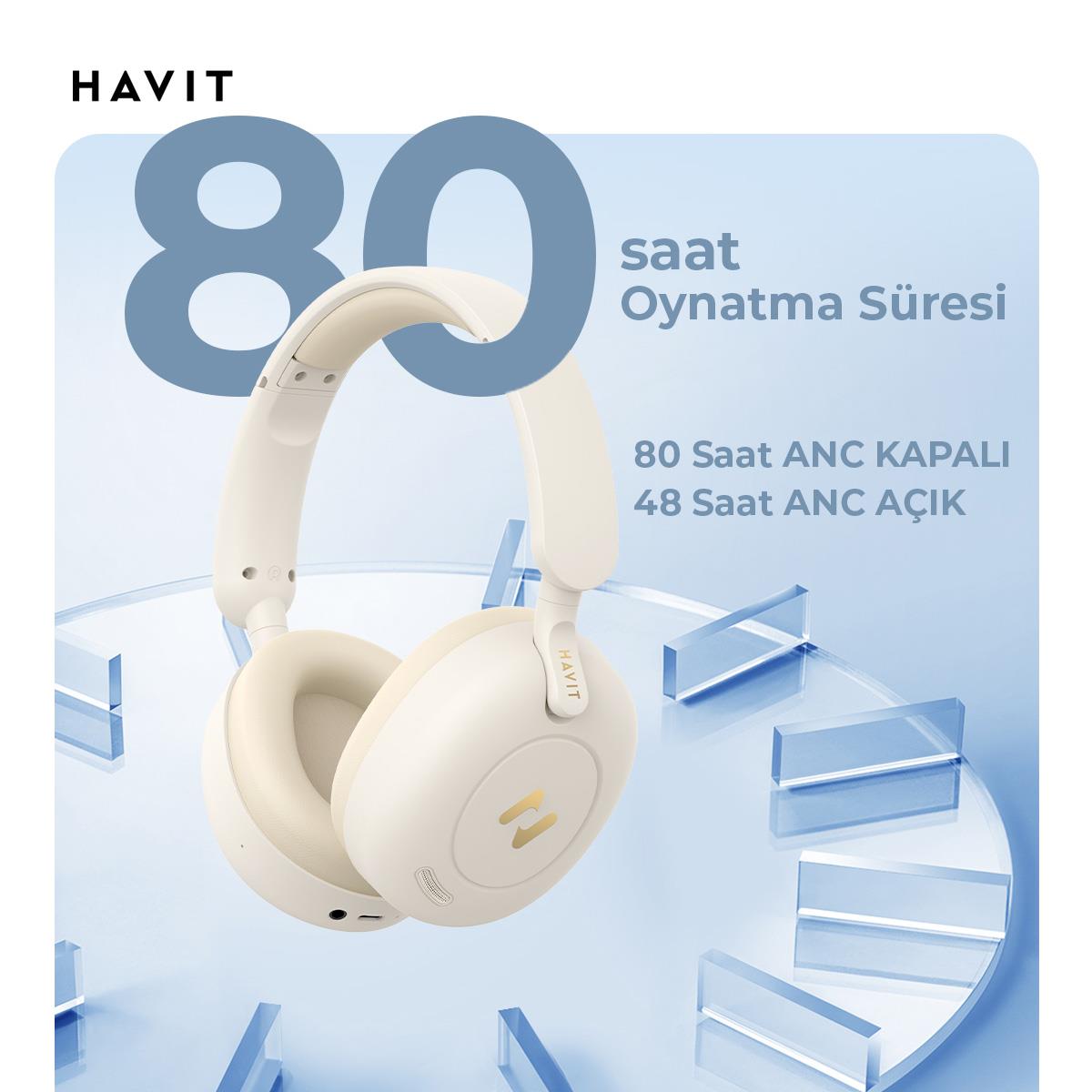 Havit H655BT Pro Hi-Res Anc Kulaküstü Bluetooth Kulaklık - 80 Saat Batarya, Aı Gürültü Önleme-Bej