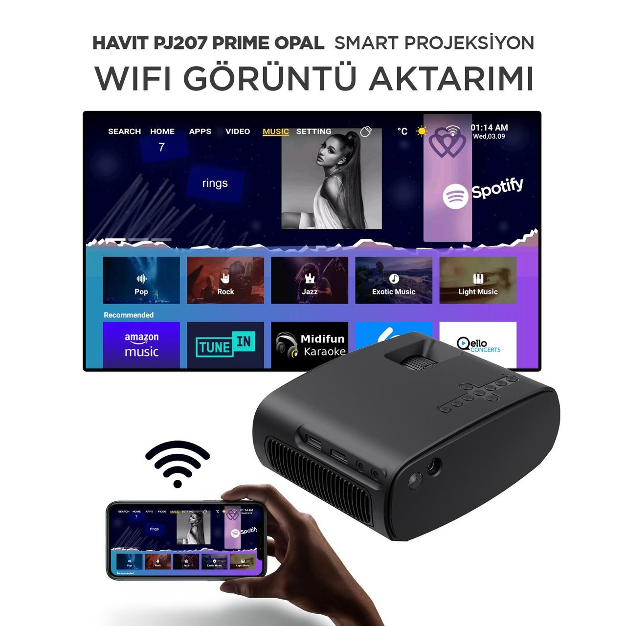 Havit PJ207 Prime Opal Taşınabilir HD Projeksiyon Cihazı 1080P Desteği,Wifi,Bluetooth,Ekran Yansıtma