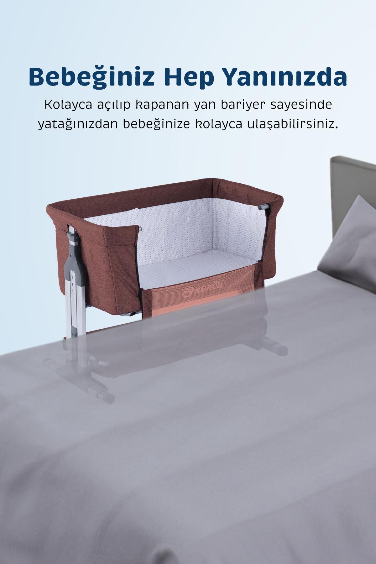 Baby Storch - Sallanabilir Anne Yanı Portatif Beşik - Yükseklik Ayarlı, Cibinlikli, ve Tekerlekli - Kahverengi