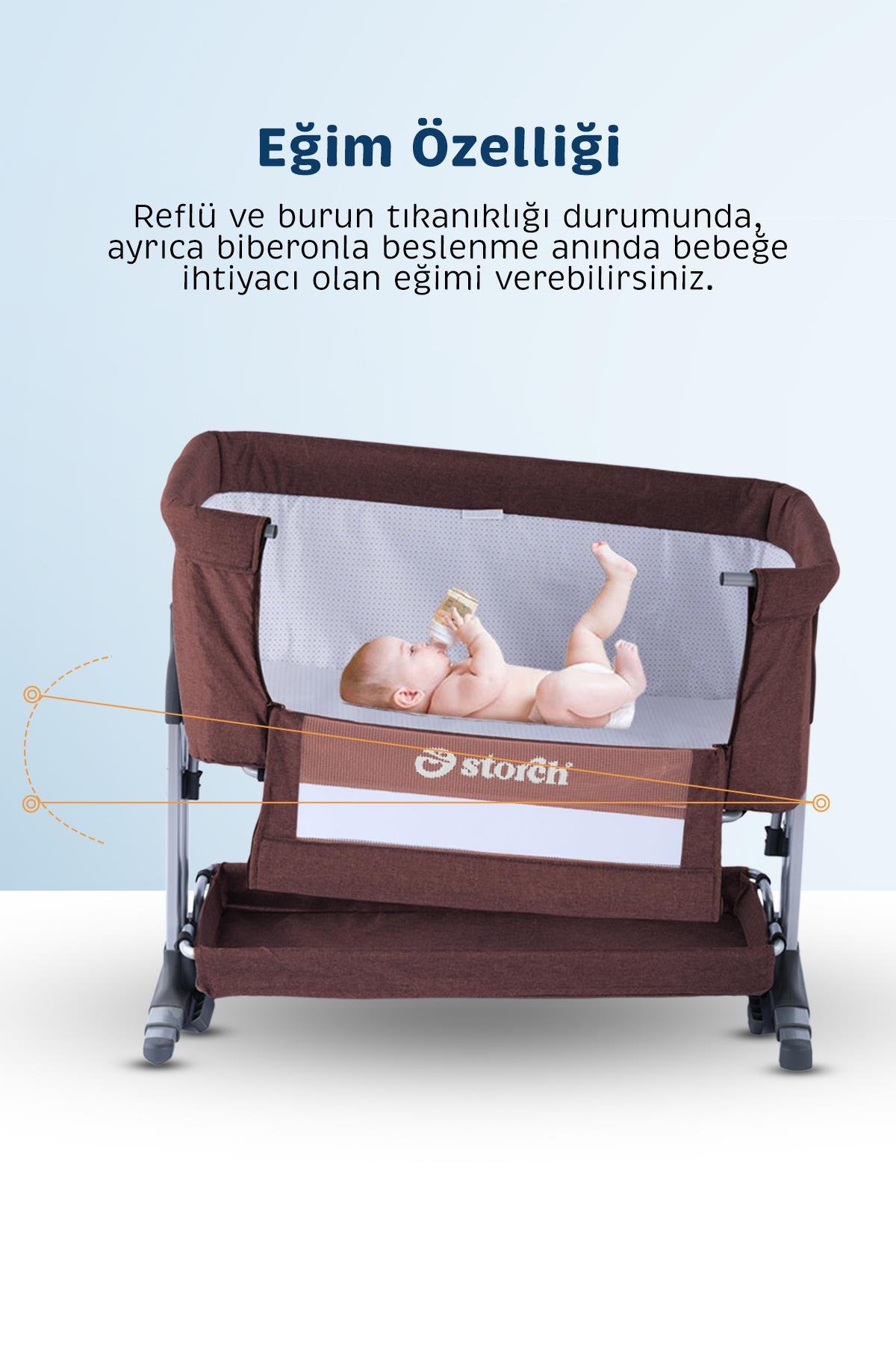Baby Storch - Sallanabilir Anne Yanı Portatif Beşik - Yükseklik Ayarlı, Cibinlikli, ve Tekerlekli - Kahverengi