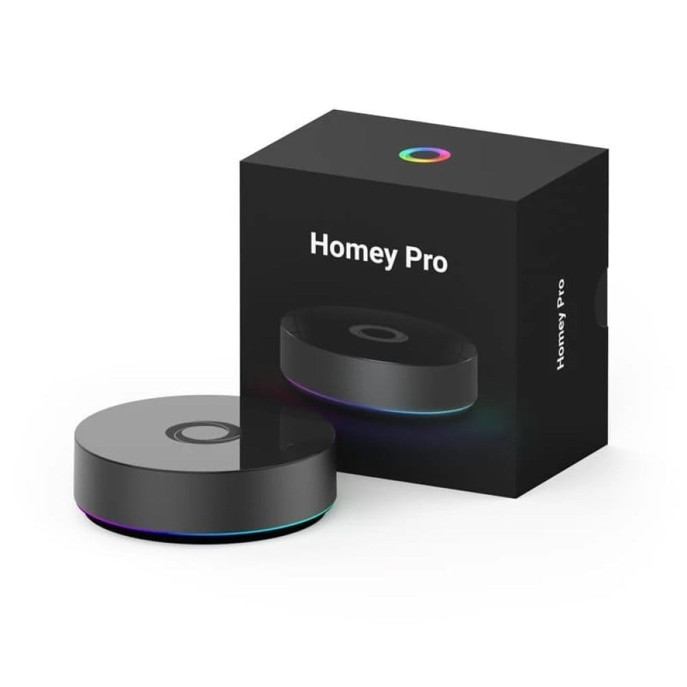 Homey Pro çok protokollü akıllı ev hub kutu ve ürün görseli