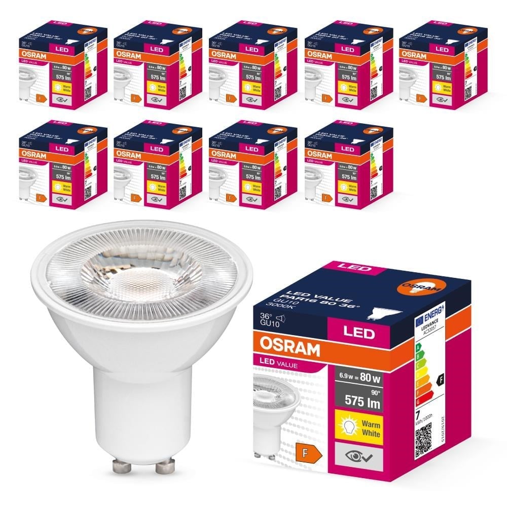 Osram LED Value PAR16 6.9W GU10 3000K sıcak beyaz ampul 10 adet paket görseli
