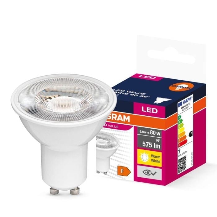 Osram LED Value PAR16 GU10 3000K sıcak beyaz LED ampul ve kutu görseli