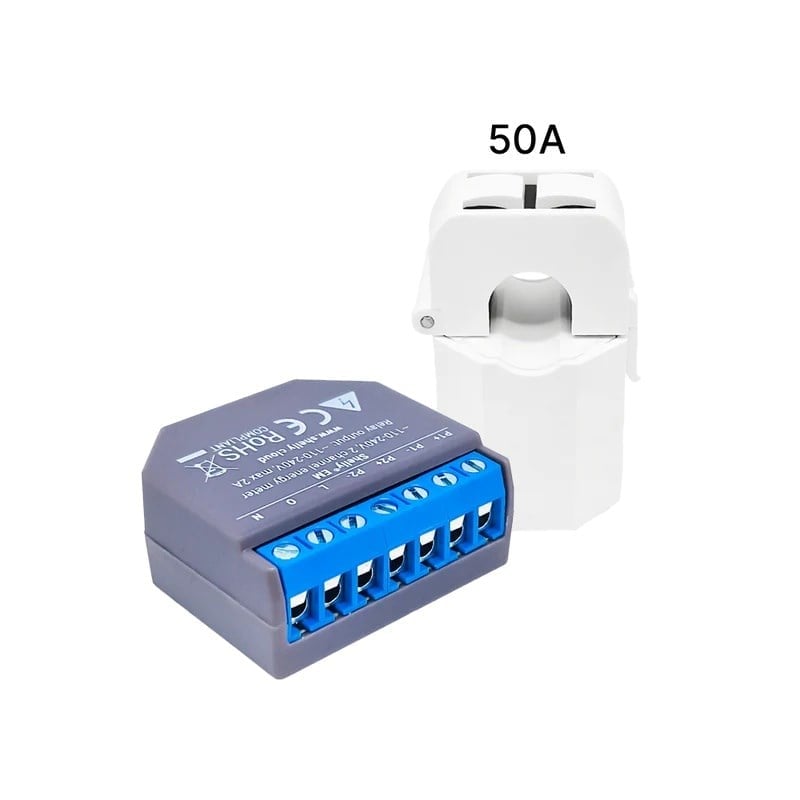 Shelly EM akıllı enerji ölçer modülü ve 50A akım trafosu clamp sensörü