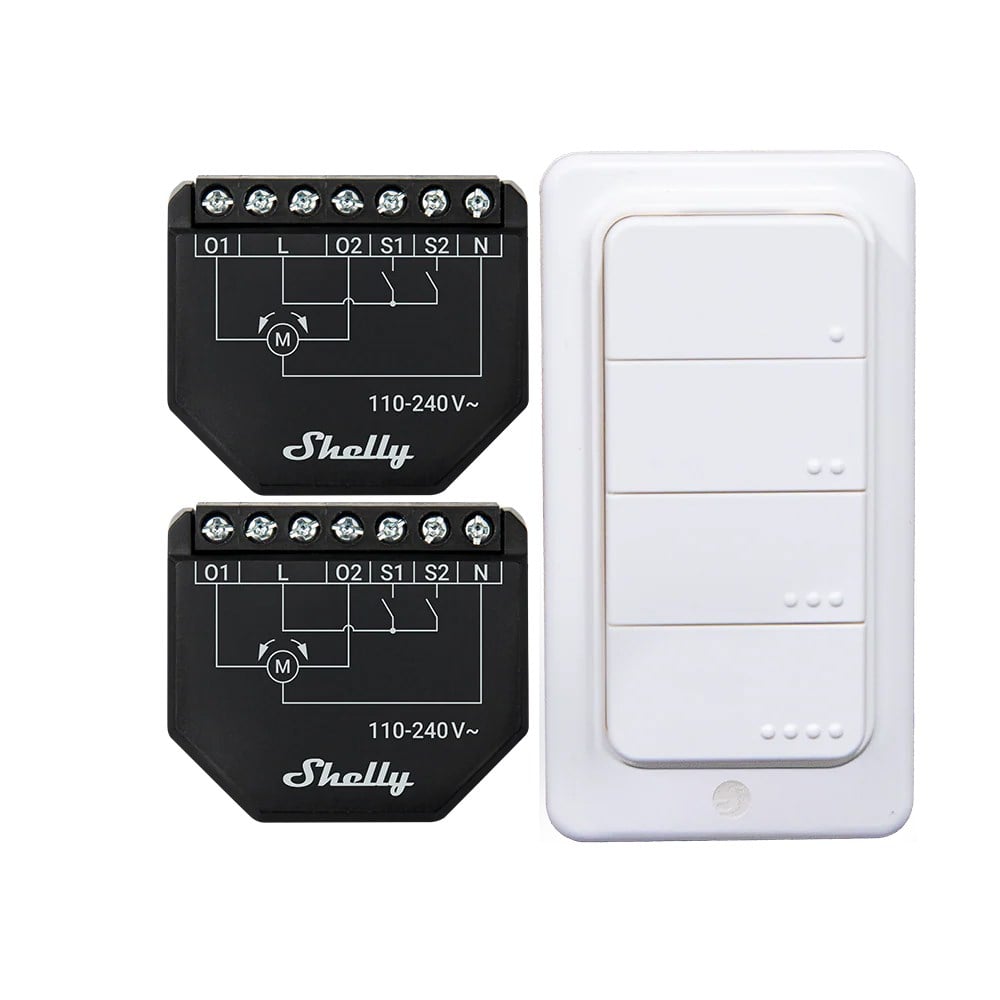 Shelly Shutter x2 ve BLU RC Button 4 paket içeriği