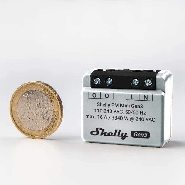 Shelly PM Mini Gen3 mini akıllı enerji ölçer modül boyut karşılaştırması